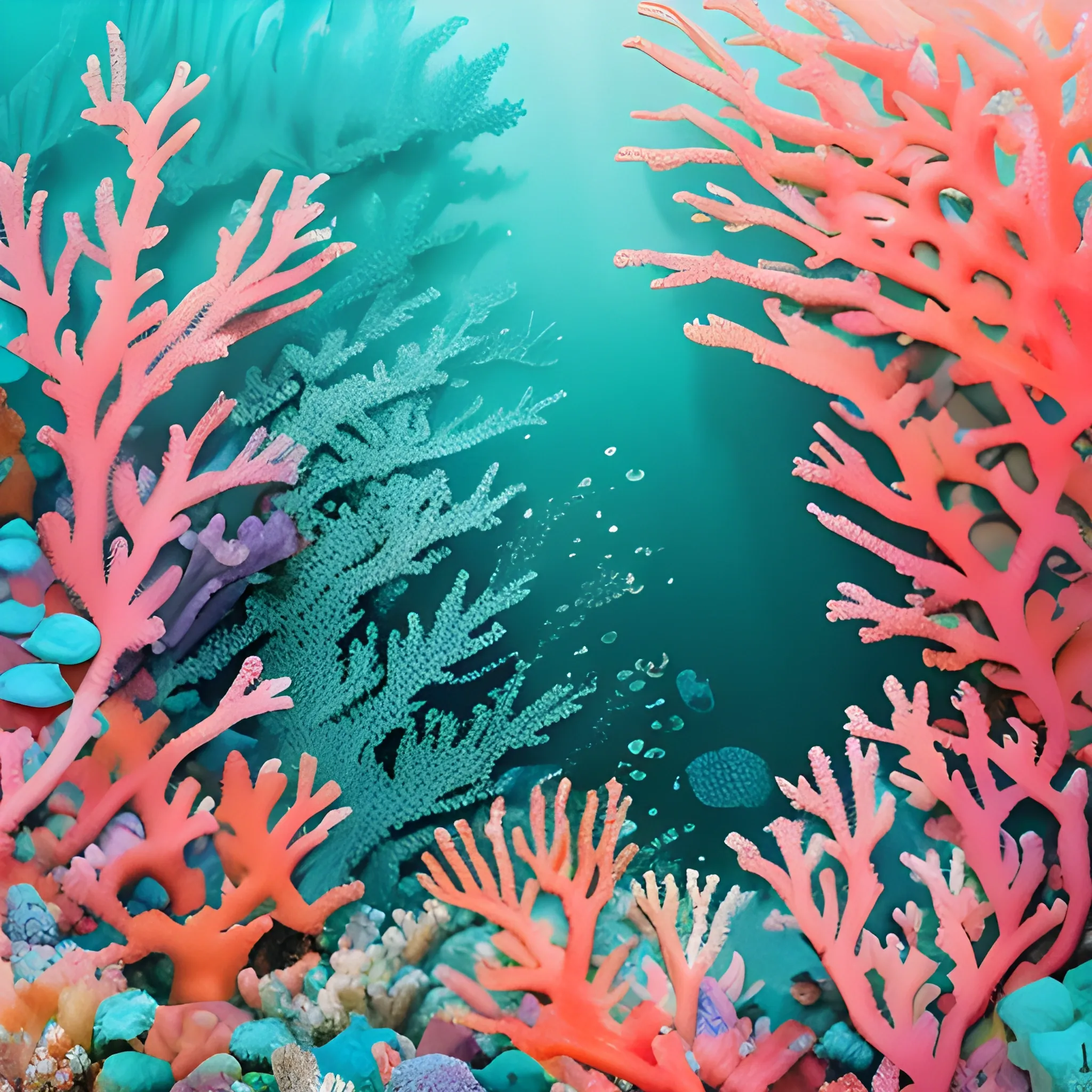 The water shimmers with hues of green, creating the illusion of the ocean’s depth. Across the ocean floor, a tapestry of coral stretches out, their vibrant colors painting a picturesque scene. Bright pink fragments of coral stand out against the teal waters, creating a striking visual contrast.
