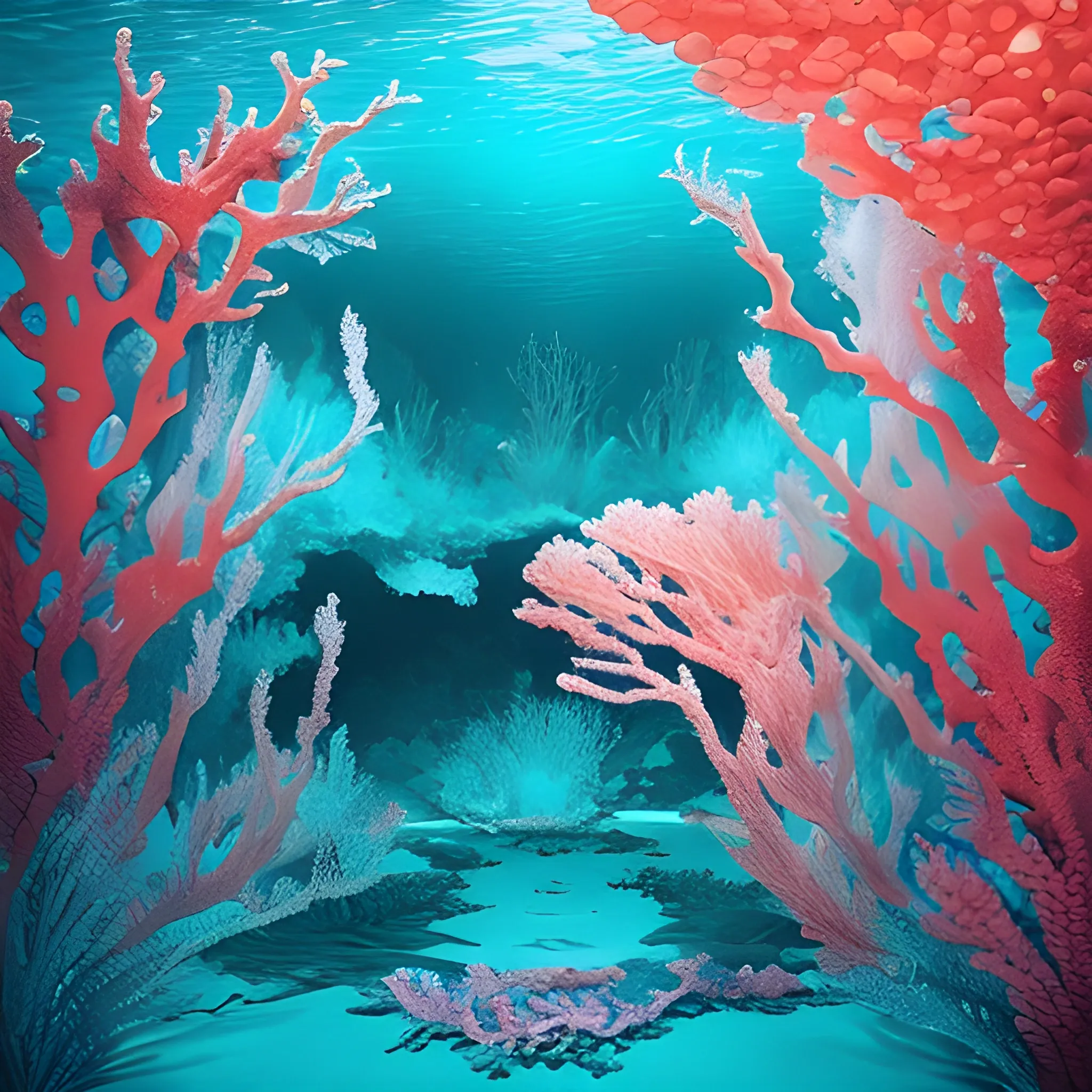 The water shimmers with hues of green, creating the illusion of the ocean’s depth. Across the ocean floor, a tapestry of coral stretches out, their vibrant colors painting a picturesque scene. Bright pink fragments of coral stand out against the teal waters, creating a striking visual contrast. Amidst this underwater splendor, a building rises, composed of large letters as if carved from the ocean floor itself. The letters form words that tell a story or invite contemplation, adding another captivating layer to this immersive underwater world.

