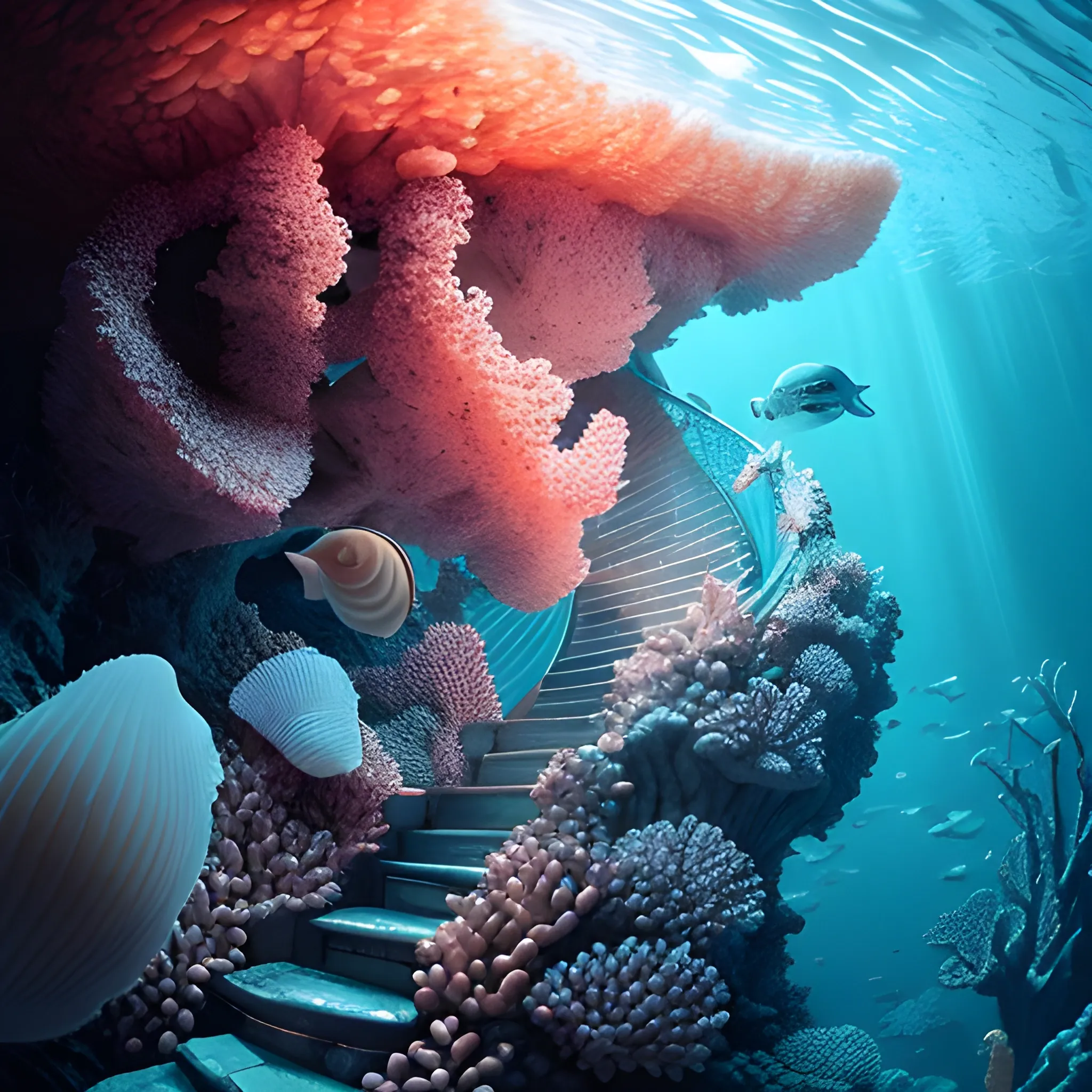 An underwater staircase of coral descends into the deep, illuminated by shimmering light. A magnifying glass made from a seashell reveals the intricate details of marine life, as the staircase leads deeper into the dark waters, full of wonder and mystery. CINEMATIC.post production, post-processing, 8k