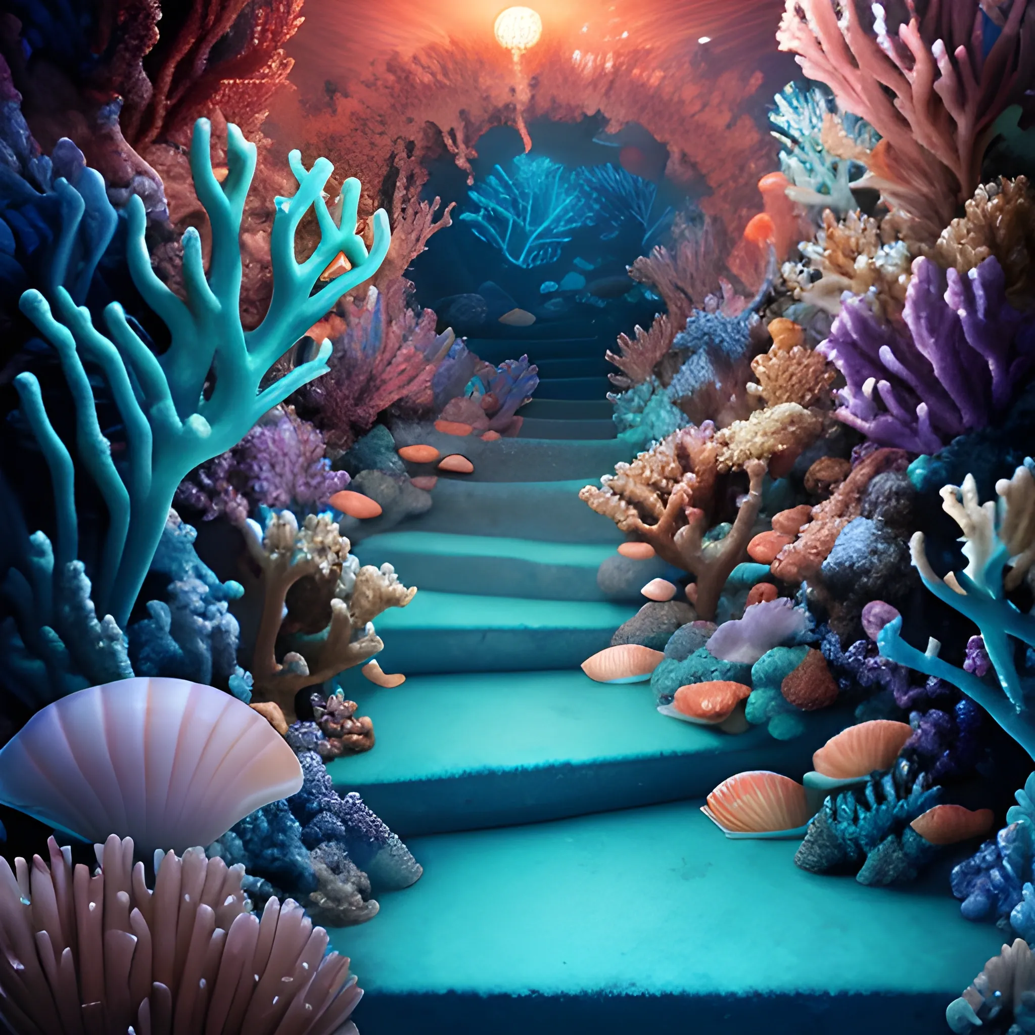 An underwater staircase of bright orange coral descends into the deep, illuminated by shimmering blue-green light. A magnifying glass made from an iridescent pink seashell reveals the intricate details of colorful marine life inhabiting the staircase and the dark blue waters around it. The staircase leads deeper, full of wonder and mystery, with strange growths and bioluminescent sponges lighting the way.
post production, post-processing, 8k, retouch, HDR, Super-Resolution, Soft Lighting, Ray Tracing Global Illumination, Lumen Reflections, pastel color palette, art deco, Bloodborne feeling
