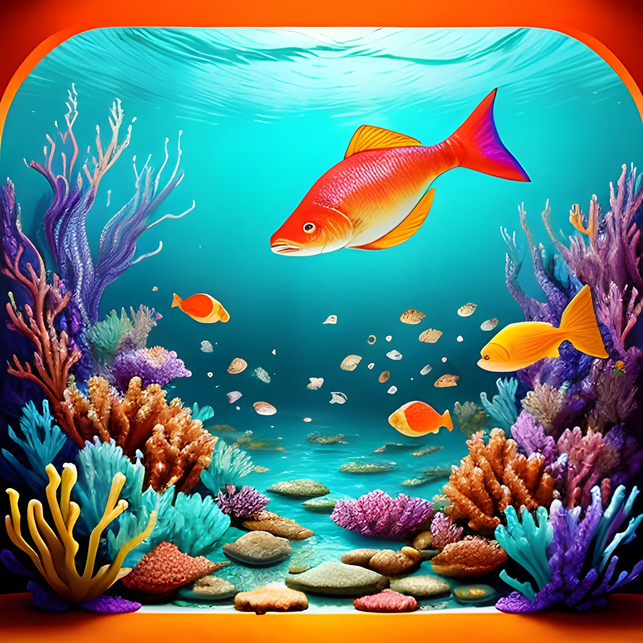 Cinematic underwater scene with vibrant colors and surreal elements. Brightly colored corals, fish, and other sea creatures create whimsical shapes and patterns. In the foreground, a pair of binoculars, a balcony, a harp, a piano, a book, and a car float in the water, creating a surreal and enigmatic still life. Sunlight filters through the water, creating shafts of light and shadow that add an extra dimension of depth and mystery to the scene. A school of fish swims past, their scales shimmering with rainbow colors. On the balcony, an open book turns its pages in the breeze.

Style: Cinematic, vibrant, captivating

Lighting: Soft and diffused, creating an atmosphere of mystery and wonder

Colors: Bright and saturated, with an emphasis on blue, green, pink, and orange hues

Mood: Enigmatic, immersive, slightly psychedelic

Motion: A school of fish swims past, their scales shimmering with rainbow colors. On the balcony, an open book turns its pages in the breeze.