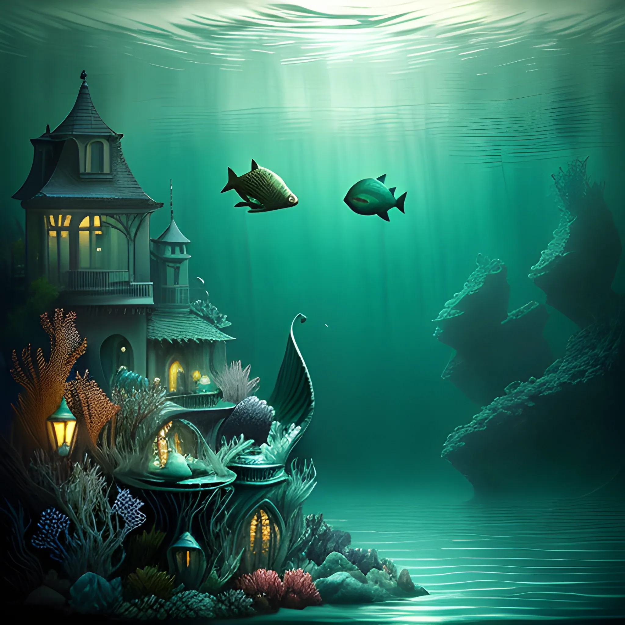 Cinematic underwater scene with muted colors and surreal element ...