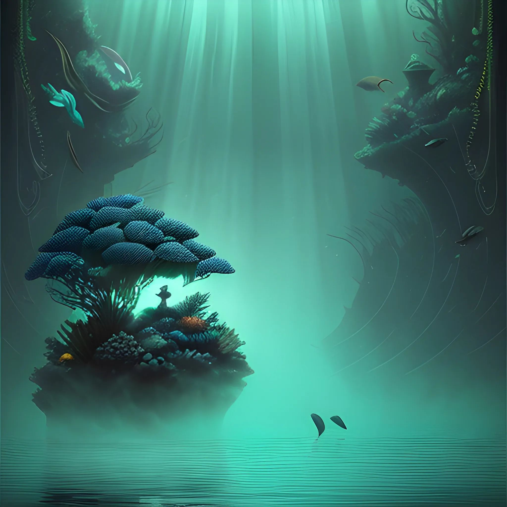 Cinematic underwater scene with muted colors and surreal elements. Dark corals, fish, and other sea creatures create whimsical shapes and patterns. In the foreground, a pair of binoculars, a balcony, a harp, a piano, a book, and a car float in the water, creating a surreal and enigmatic still life. Dim light filters through the water, creating a mysterious and somewhat ominous atmosphere.

Style: Cinematic, atmospheric, enigmatic

Lighting: Dim and diffused, creating an atmosphere of mystery and suspense

Colors: Muted and earthy, with an emphasis on blue, green, and gray hues

Mood: Enigmatic, unsettling, slightly claustrophobic

Motion: A slow-moving school of fish, their silhouettes appearing distorted and ghostly in the dim light.

Sound: The sound of dripping water and a low, pulsing hum, like a heartbeat.