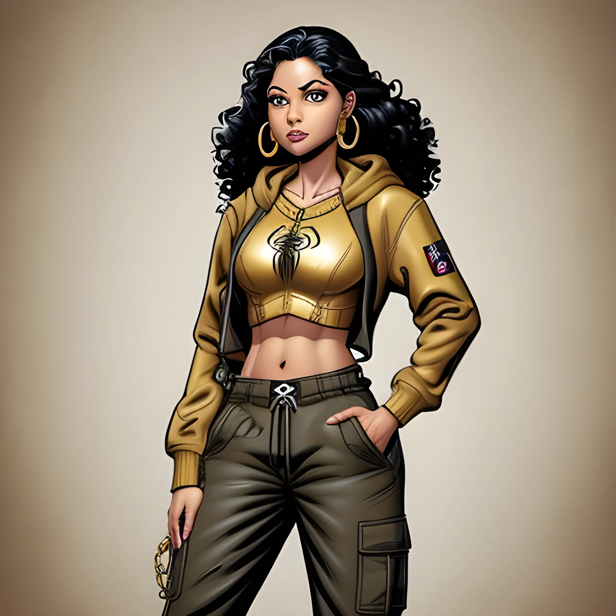 Marvel comics style Latina woman, tan skin, big dark brown eyes. has long curly black hair. very beautiful. wearing baggy cargo pants, a tight tank top and a baggy zip up hoodie overtop. has a gold chain, and gold hoop earrings. Spider-Man theme, inspired.