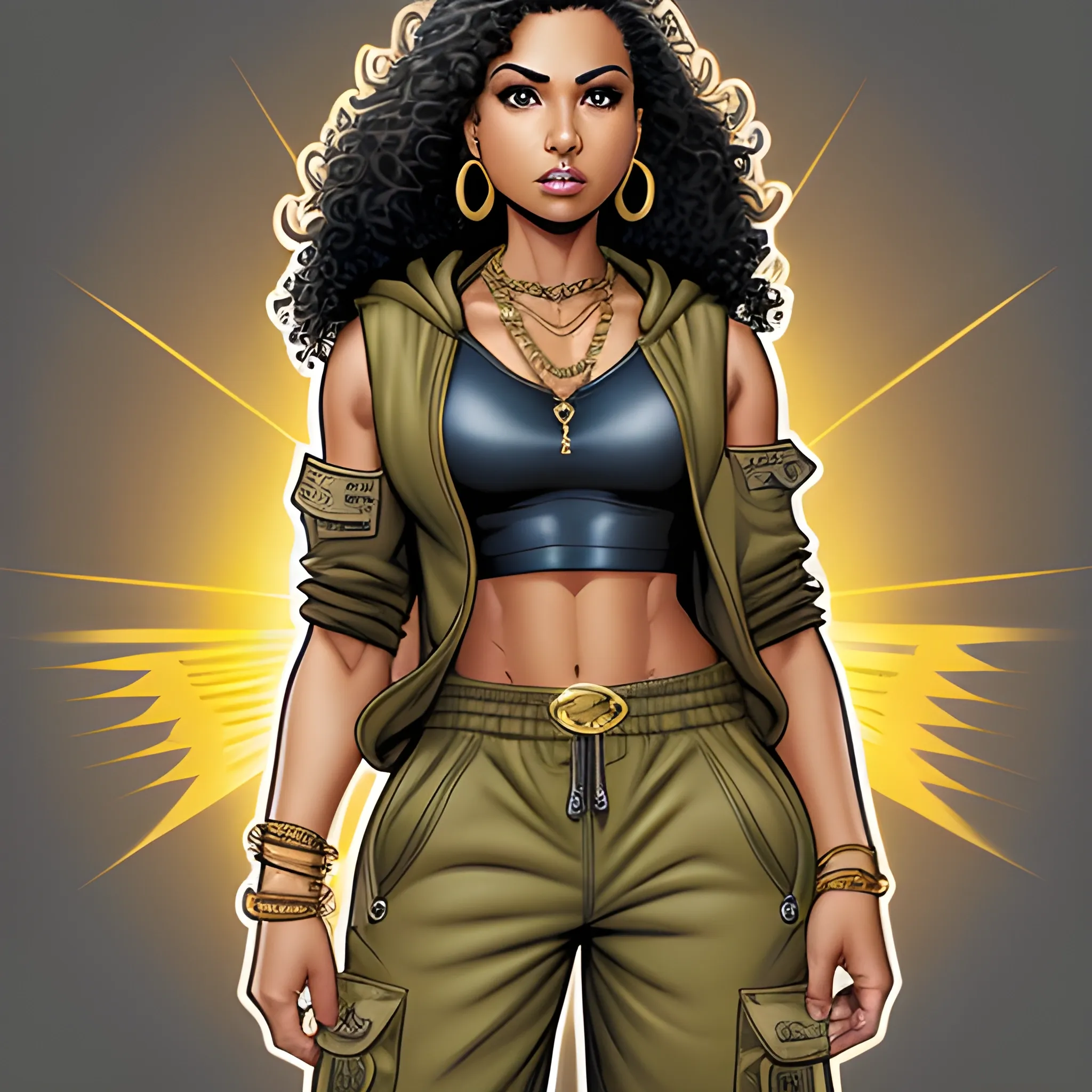 Marvel comics style Latina woman, tan skin, big dark brown eyes. has long curly black hair. very beautiful. wearing baggy cargo pants, a tight tank top and a baggy zip up hoodie overtop. has a gold chain, and gold hoop earrings.