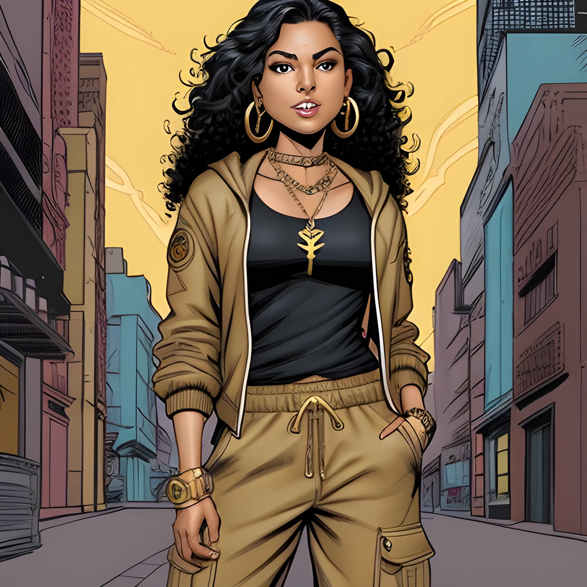 Marvel comic panel of a Latina woman, golden tan skin, big dark brown eyes. has long curly black hair. very beautiful. wearing baggy cargo pants, a tight tank top and a baggy zip up hoodie overtop. has a gold chain, and gold hoop earrings. 