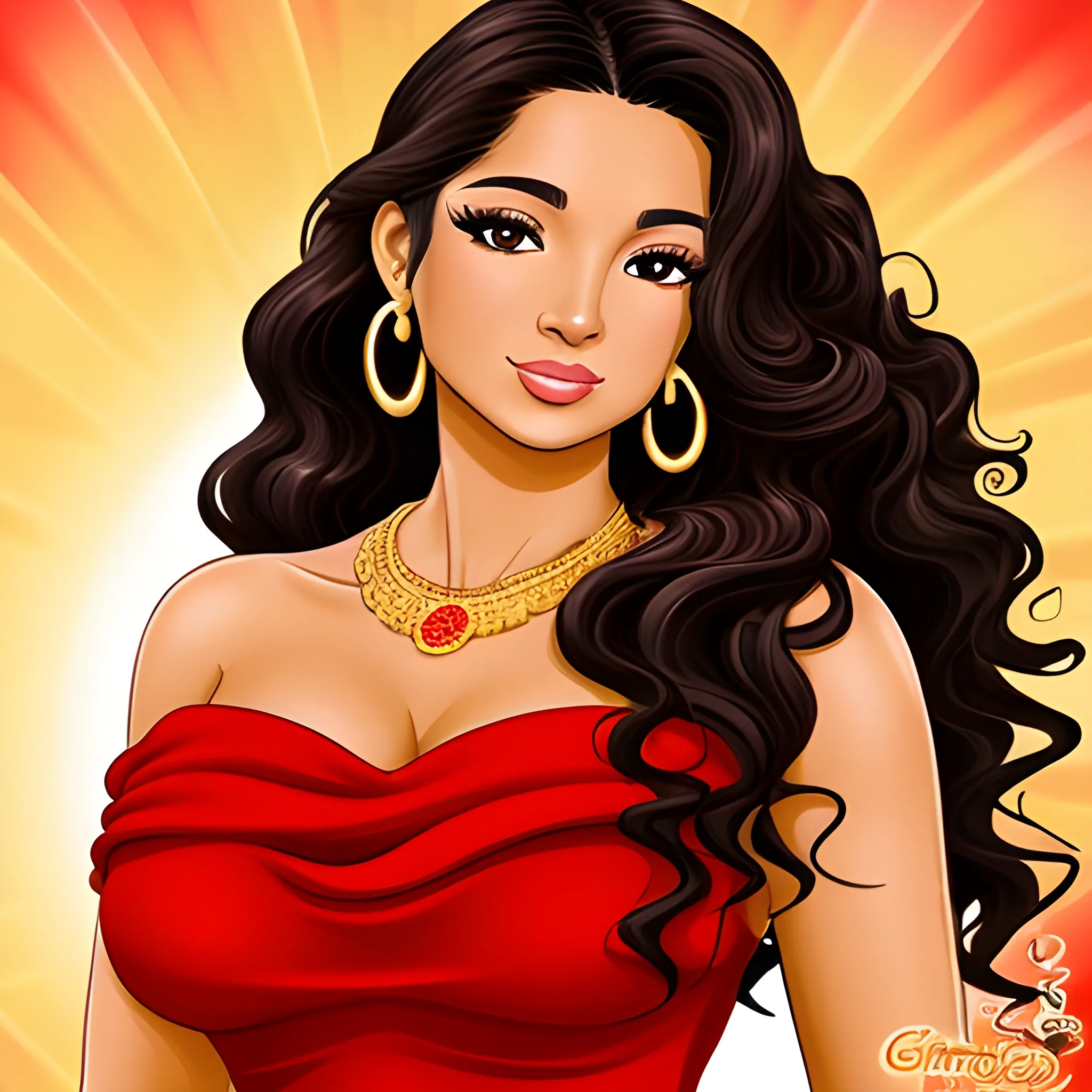 a Latina woman, golden tan skin, big dark brown eyes. has long curly black hair. very beautiful. wearing a red dress and gold jewelry., Cartoon