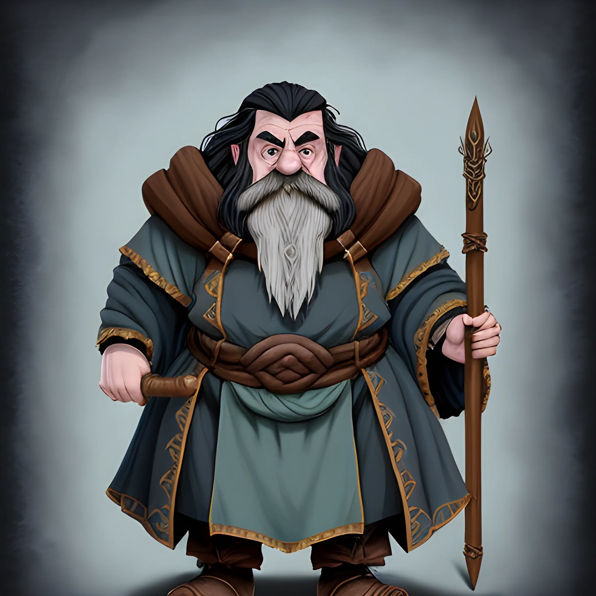 Generate a full-body portrait of a fantasy dwarf inspired by the style of Tolkien. Envision the character in travelling robes with a walking stick. Emphasize the dwarf's younger facial features with medium black hair and a long, braided black beard. The dwarf should have ice-blue eyes and a wry, amused expression that hides a deep-seated pain, Oil Painting