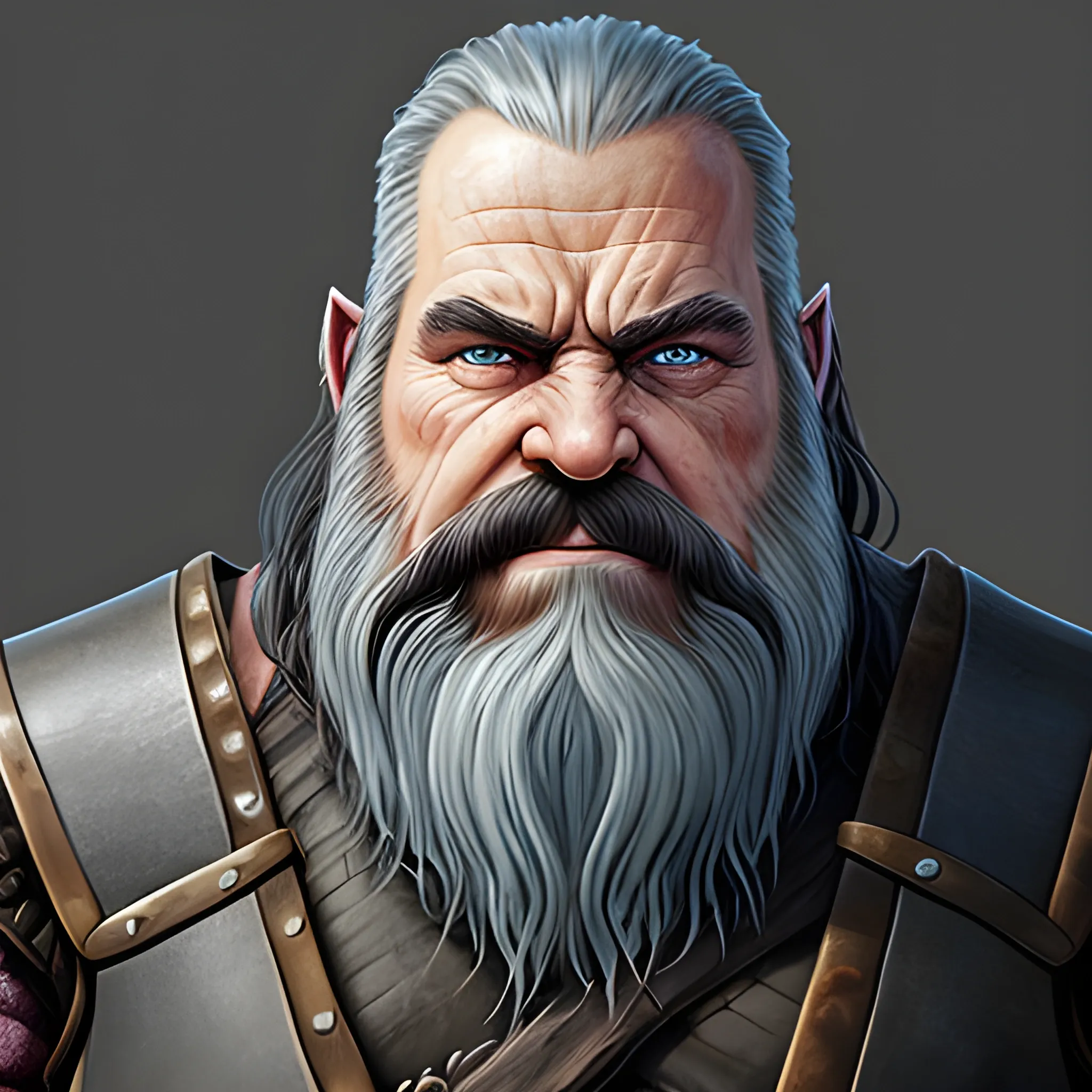 Generate a full-body portrait of a fantasy human inspired by the styles of Tolkien and Warcraft. Envision the character in worn, simple leather armor with a walking stick. Emphasize the man's rugged but handsome facial features with medium black hair and a long,  black beard. The dwarf should have ice-blue eyes and a wry, amused expression that hides a deep-seated pain, Oil Painting