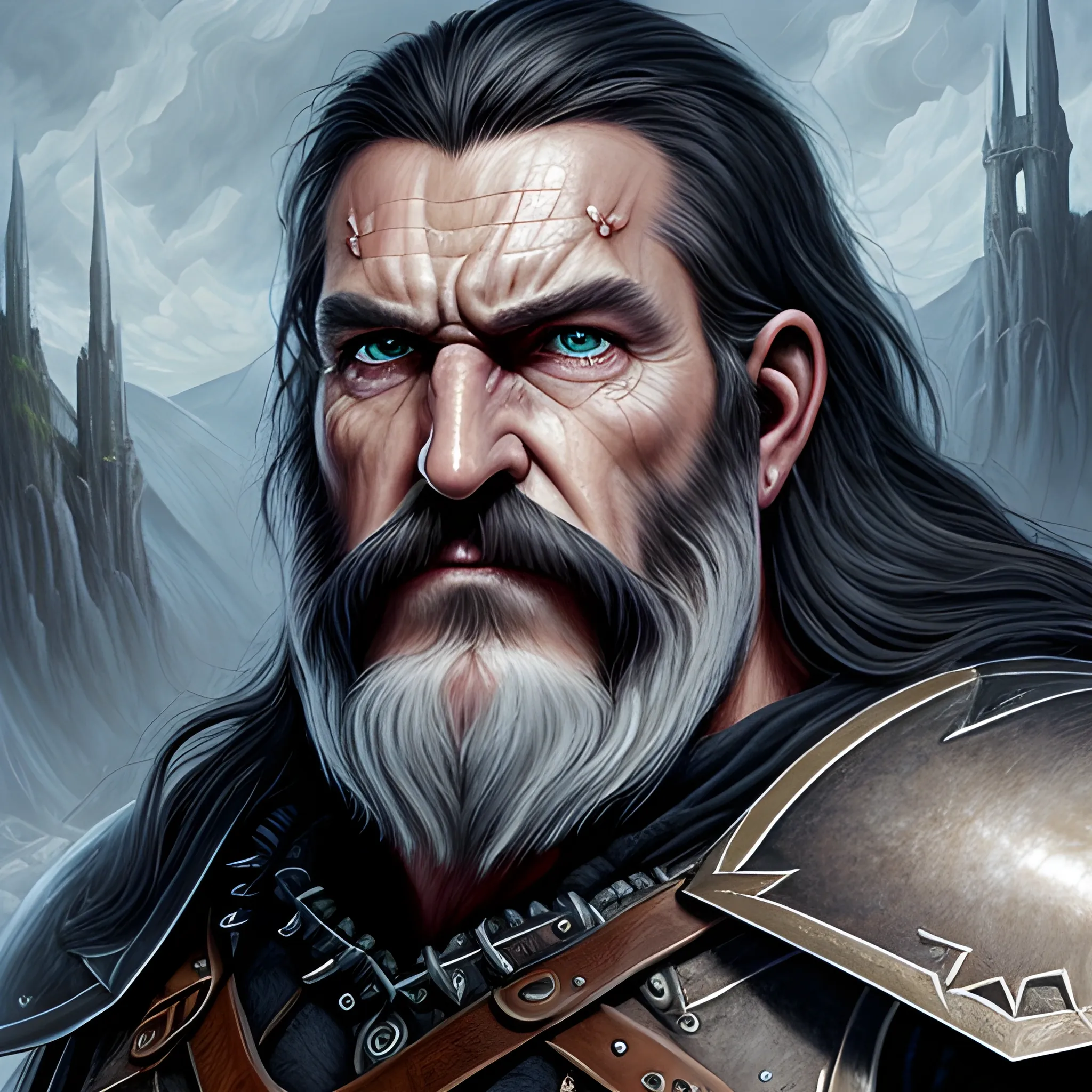 Generate a full-body portrait of a fantasy human inspired by the styles of Tolkien and Warcraft. Envision the character in worn, simple leather armor with a walking stick. Emphasize the man's rugged but handsome facial features with short dark black hair and a long, black beard. The man should have ice-blue eyes and a wry, amused expression that hides a deep-seated pain, Oil Painting