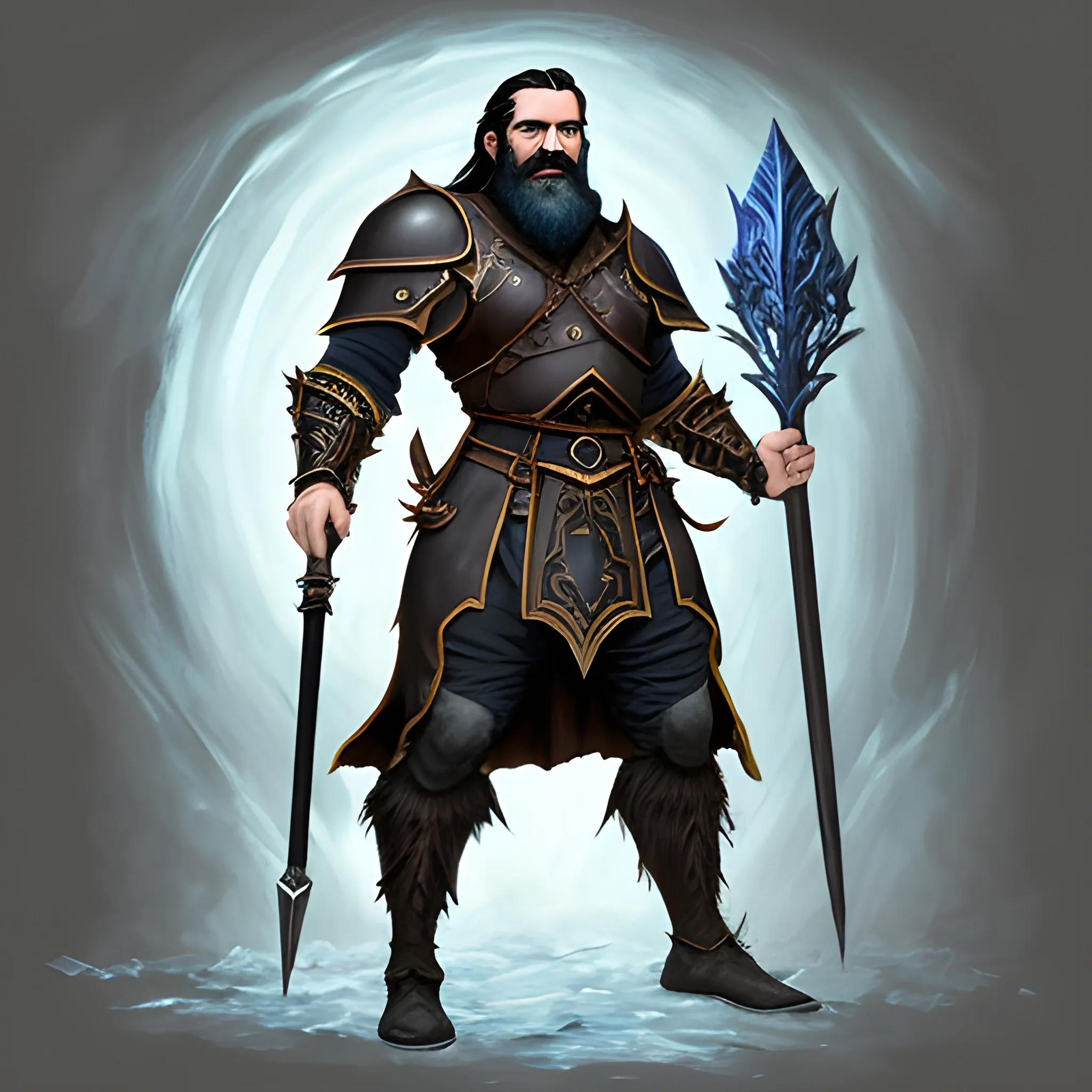 Generate a full-body portrait of a fantasy human inspired by the styles of Tolkien and Warcraft. Envision the character in worn, simple leather armor with a walking stick. Emphasize the man's rugged but handsome facial features with short dark black hair and a long, black beard. The man should have ice-blue eyes and a smiling expression that hides a deep-seated pain, Oil Painting