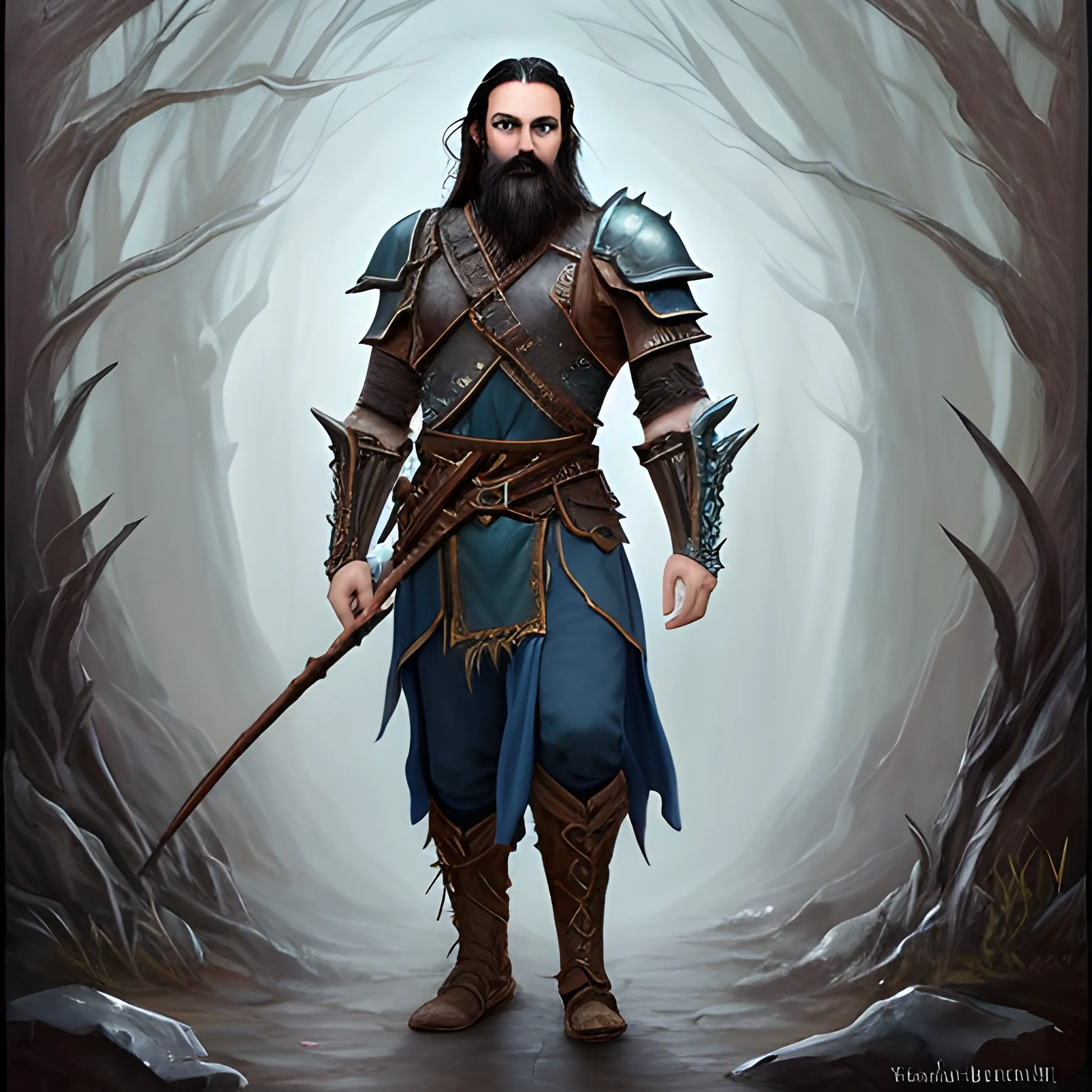 Generate a full-body portrait of a fantasy human inspired by the styles of Tolkien and Warcraft. Envision the character in worn, simple leather armor with a walking stick. Emphasize the man's rugged but handsome facial features with short dark black hair and a long, black beard. The man should have ice-blue eyes and a smiling expression that hides a deep-seated pain, Oil Painting