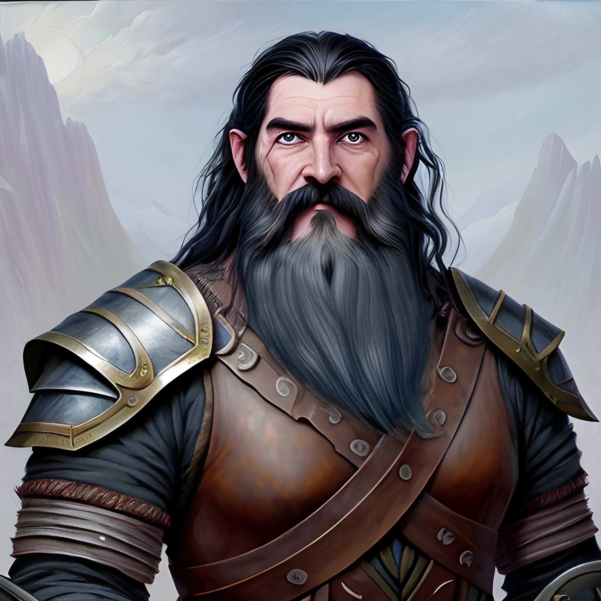 Generate a full-body portrait of a fantasy human inspired by the styles of Tolkien and Warcraft. Envision the character in worn, simple leather armor with a walking stick. Emphasize the man's rugged but handsome facial features with short dark black hair and a long, black beard. The man should have ice-blue eyes and a smiling expression that hides a deep-seated pain, Oil Painting