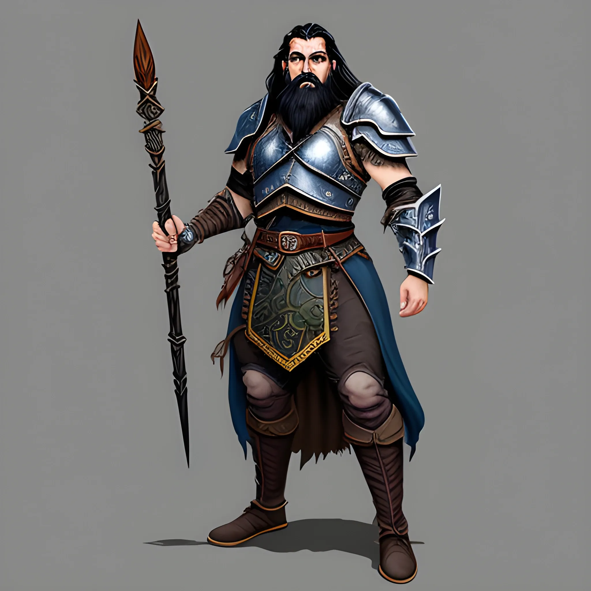 Generate a full-body portrait of a fantasy human inspired by the styles of Tolkien and Warcraft. Envision the character in worn, simple leather armor with a walking stick. Emphasize the man's rugged but handsome facial features with short dark black hair and a long, black beard. The man should have ice-blue eyes and a smiling expression that hides a deep-seated pain, Oil Painting, Cartoon