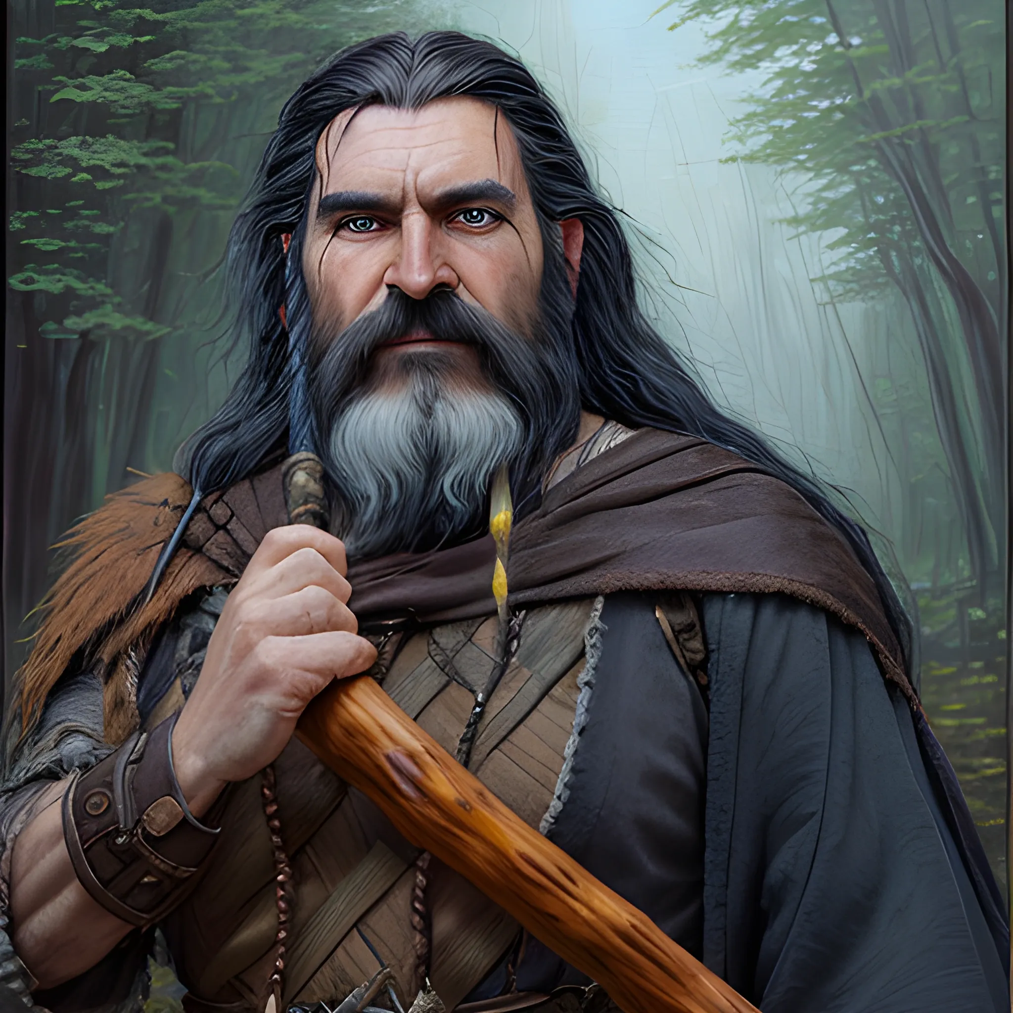 Generate a full-body portrait of a fantasy human druid inspired by the styles of Tolkien and Warcraft. Envision the character in worn, simple leather garb with a walking stick. Emphasize the man's rugged but handsome facial features with short dark black hair and a long, black beard. The man should have ice-blue eyes and a smiling expression that hides a deep-seated pain, Oil Painting