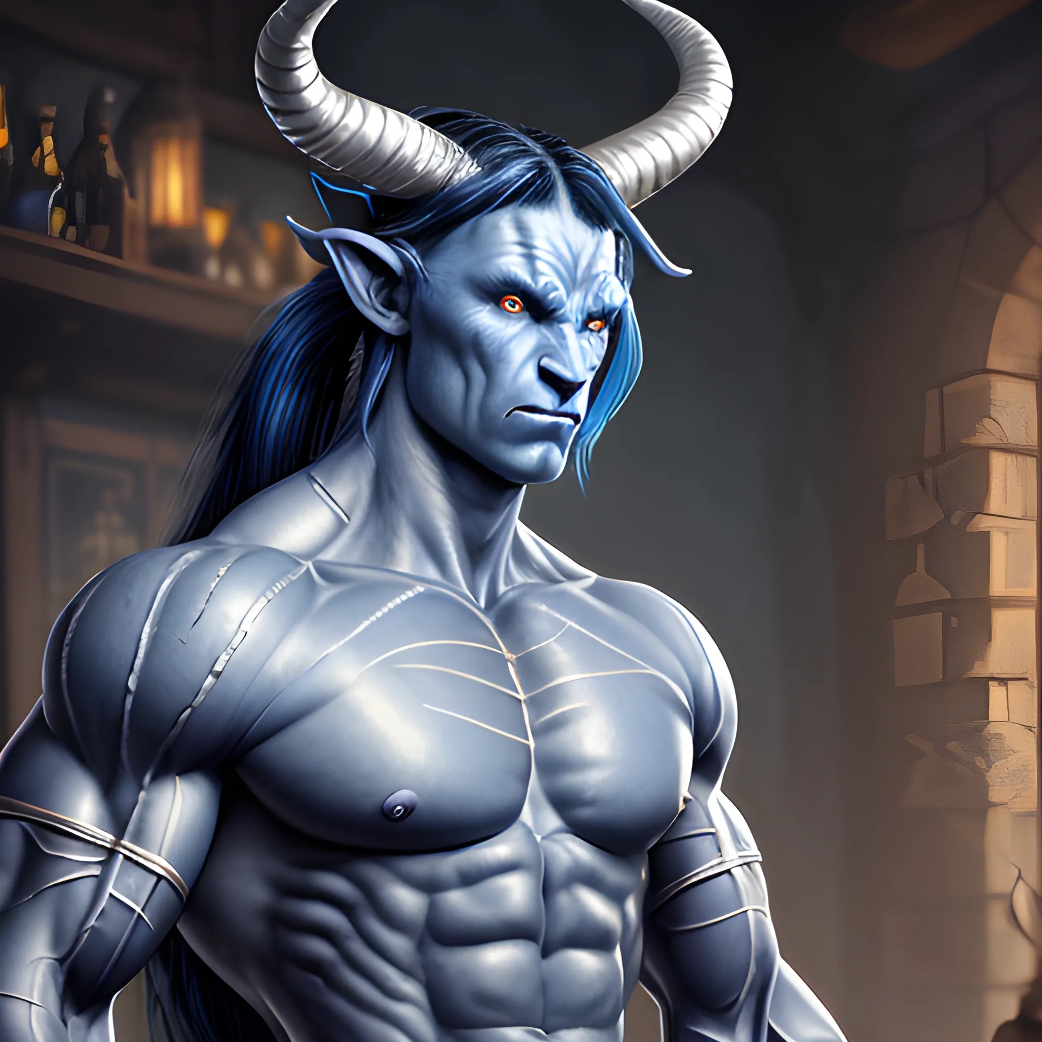 muscular blue skin tiefling man, silver colored eyes, large glowing horns, dynamic black long hair in ponytail, wearing cotton tunic, muscular arms, scars, Leather strap across chest, hyper detailed tavern background, (high quality), (detailed), (masterpiece), (best quality), (highres), (extremely detailed), (8k), HD, 8k, photography