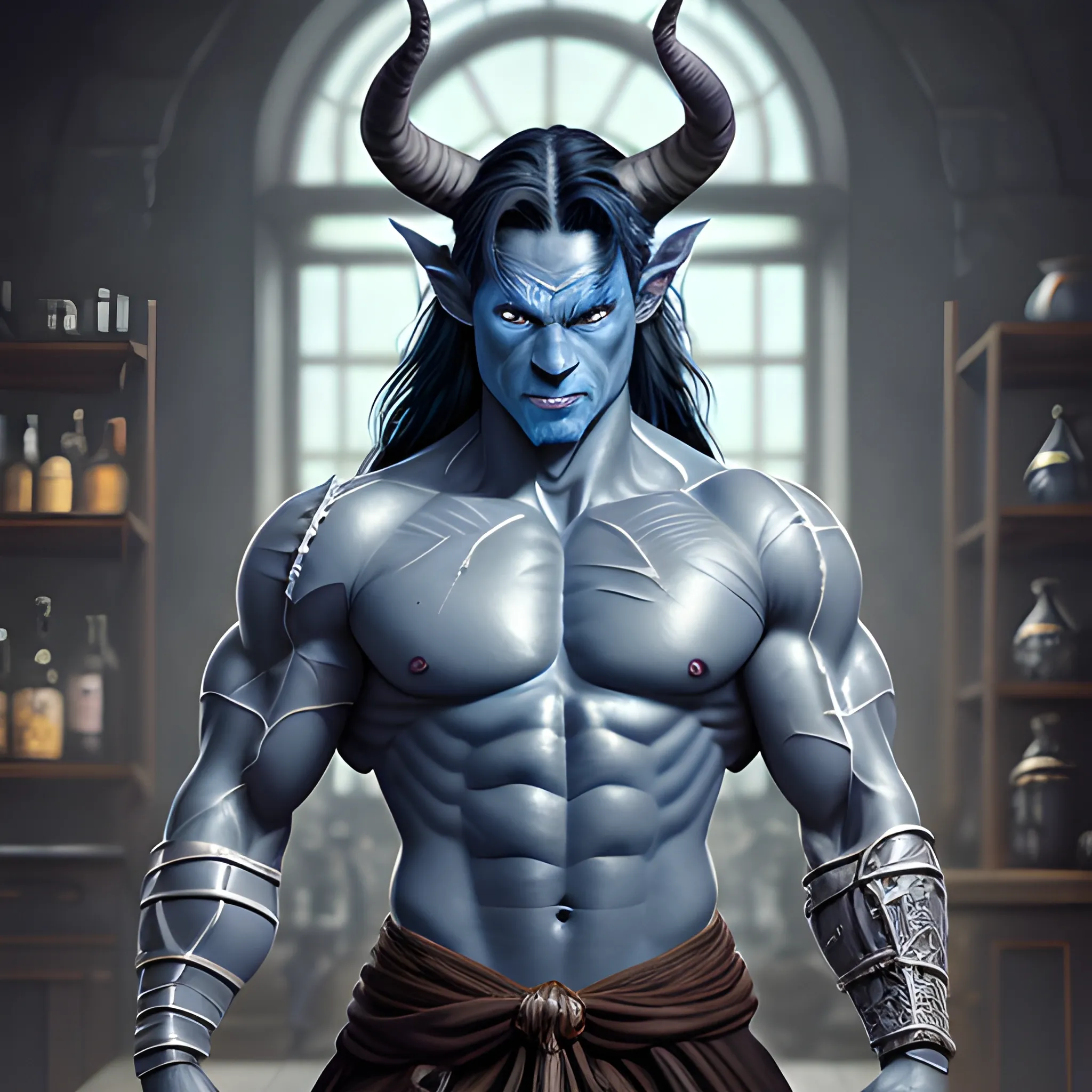 muscular blue skin tiefling man, silver colored eyes, large glowing horns, dynamic black long hair in ponytail, wearing cotton tunic, muscular arms, scars, Leather strap across chest, hyper detailed tavern background, (high quality), (detailed), (masterpiece), (best quality), (highres), (extremely detailed), (8k), HD, 8k, photography