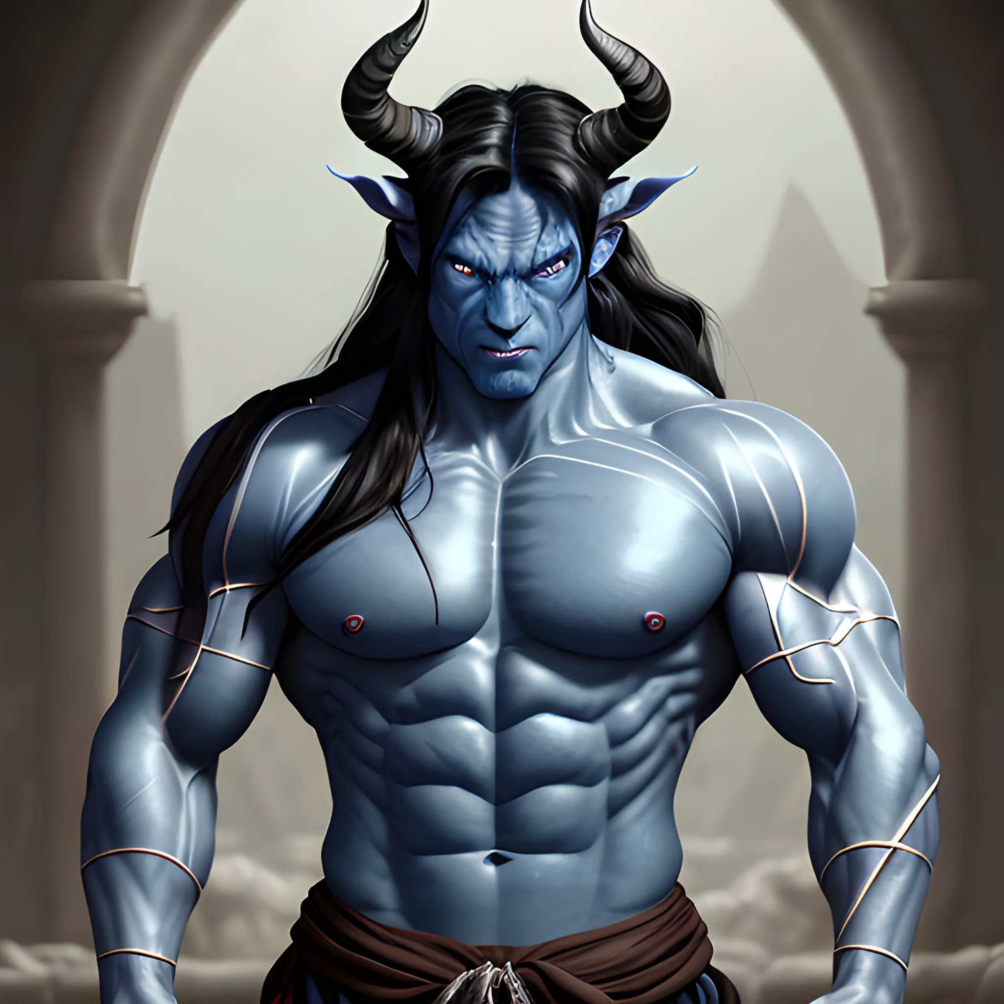 muscular blue skin tiefling man, silver colored eyes, large intimidating glowing horns, dynamic black long hair in ponytail, wearing cotton tunic, muscular arms, scars, Leather strap across chest, hyper detailed tavern background, (high quality), (detailed), (masterpiece), (best quality), (highres), (extremely detailed), (8k), HD, 8k, photography