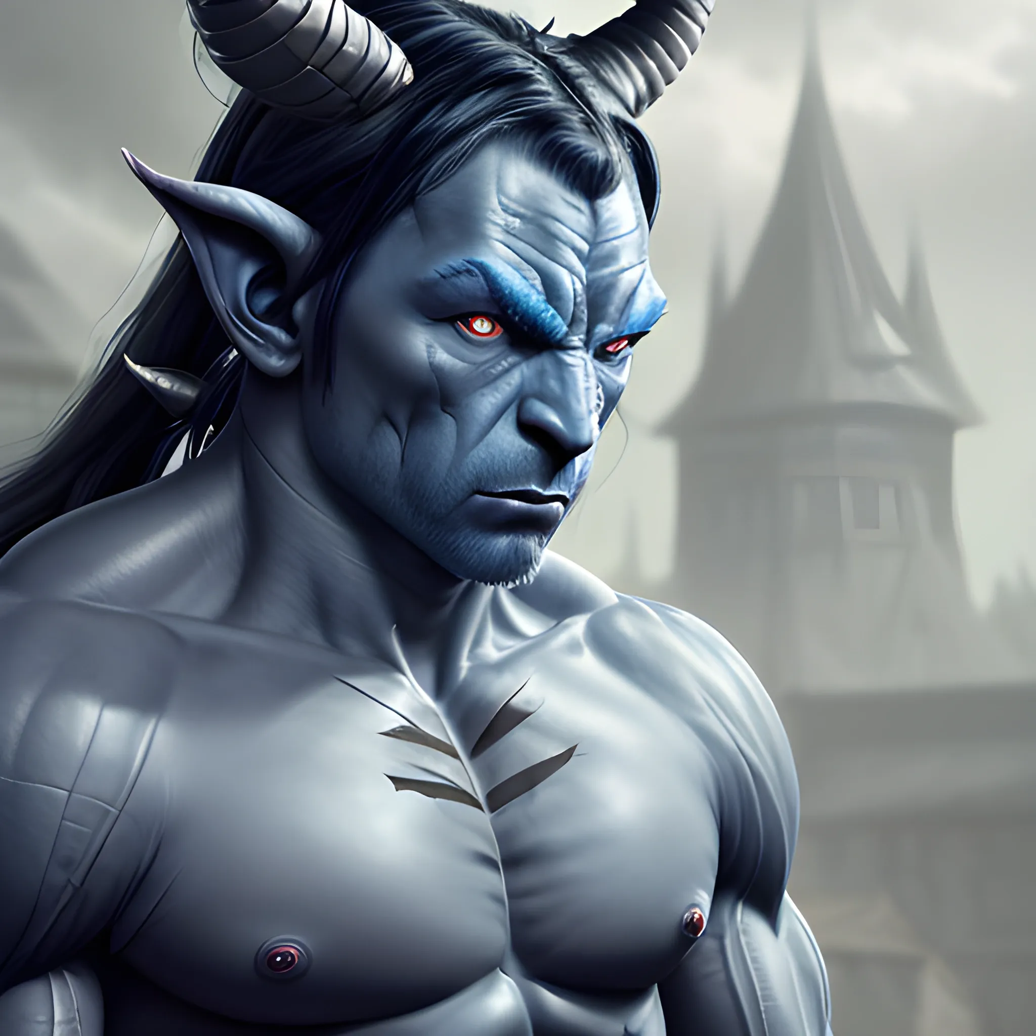 muscular blue skin tiefling man, silver colored eyes, large intimidating glowing horns, dynamic black long hair in ponytail, wearing cotton tunic, muscular arms, scars, Leather strap across chest, hyper detailed tavern background, (high quality), (detailed), (masterpiece), (best quality), (highres), (extremely detailed), (8k), HD, 8k, photography