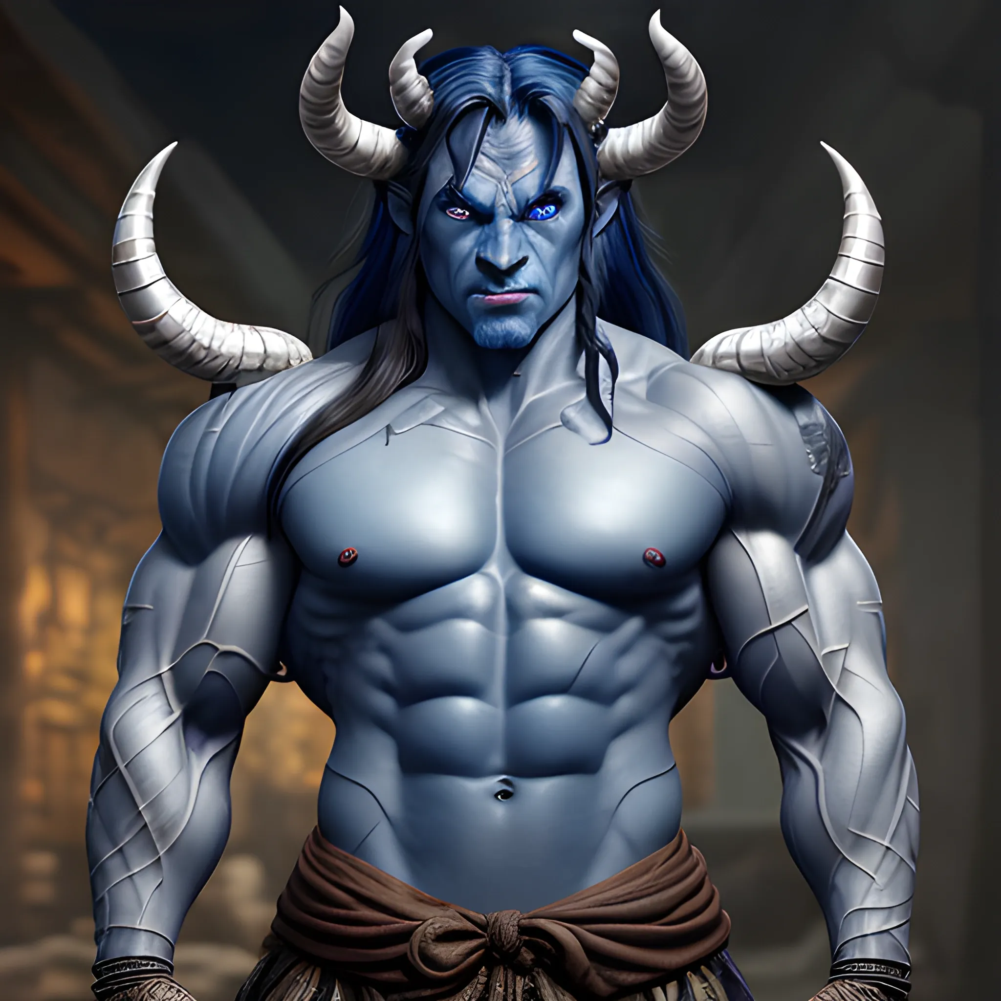 muscular blue skin tiefling man, silver colored eyes, large intimidating glowing horns, dynamic black long hair in ponytail, wearing cotton tunic, muscular arms, scars, Leather strap across chest, hyper detailed tavern background, (high quality), (detailed), (masterpiece), (best quality), (highres), (extremely detailed), (8k), HD, 8k, photography