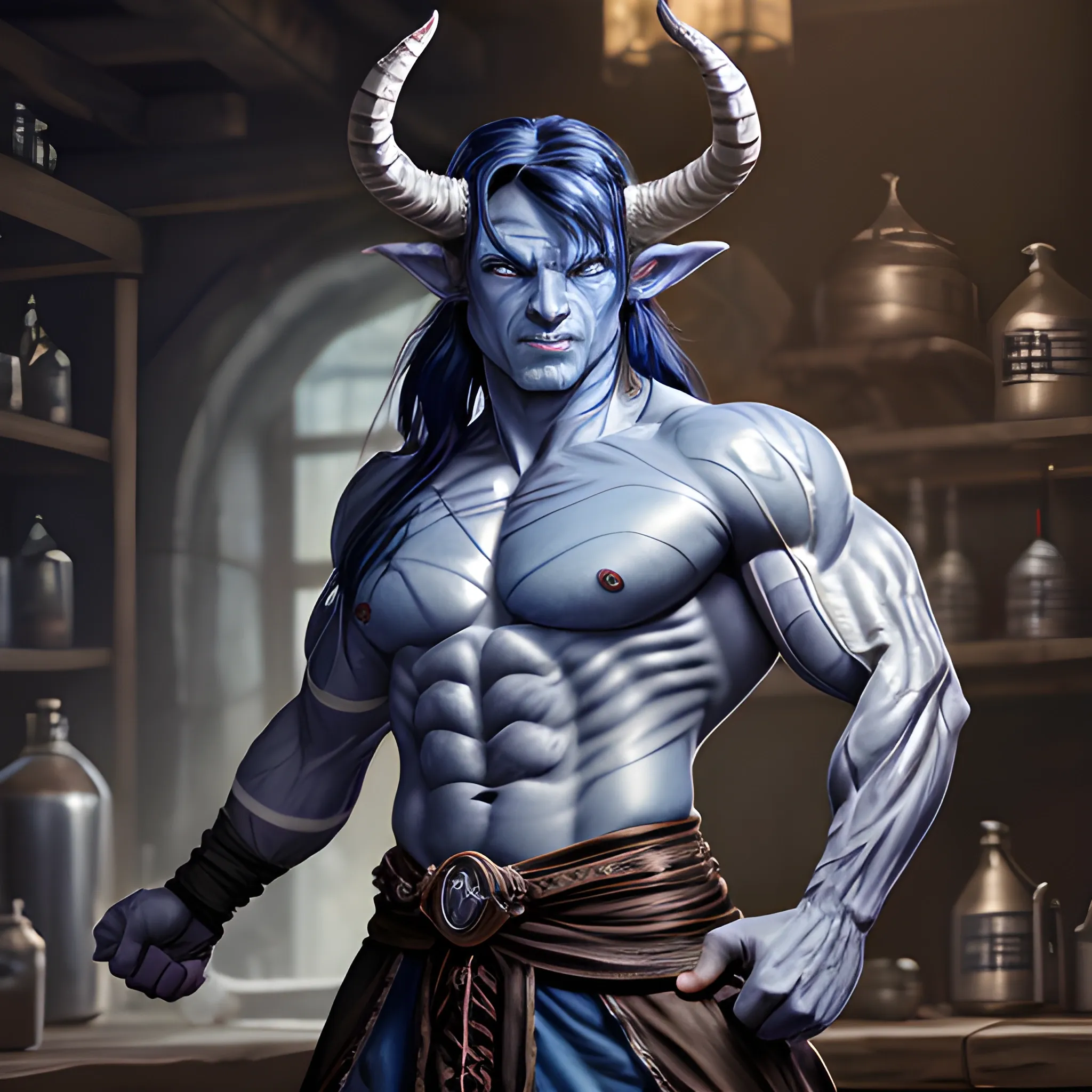 muscular blue skin tiefling man, silver colored eyes, large intimidating glowing horns, dynamic black long hair in ponytail, wearing cotton tunic, muscular arms, scars, Leather strap across chest, hyper detailed tavern background, (high quality), (detailed), (masterpiece), (best quality), (highres), (extremely detailed), (8k), HD, 8k, photography