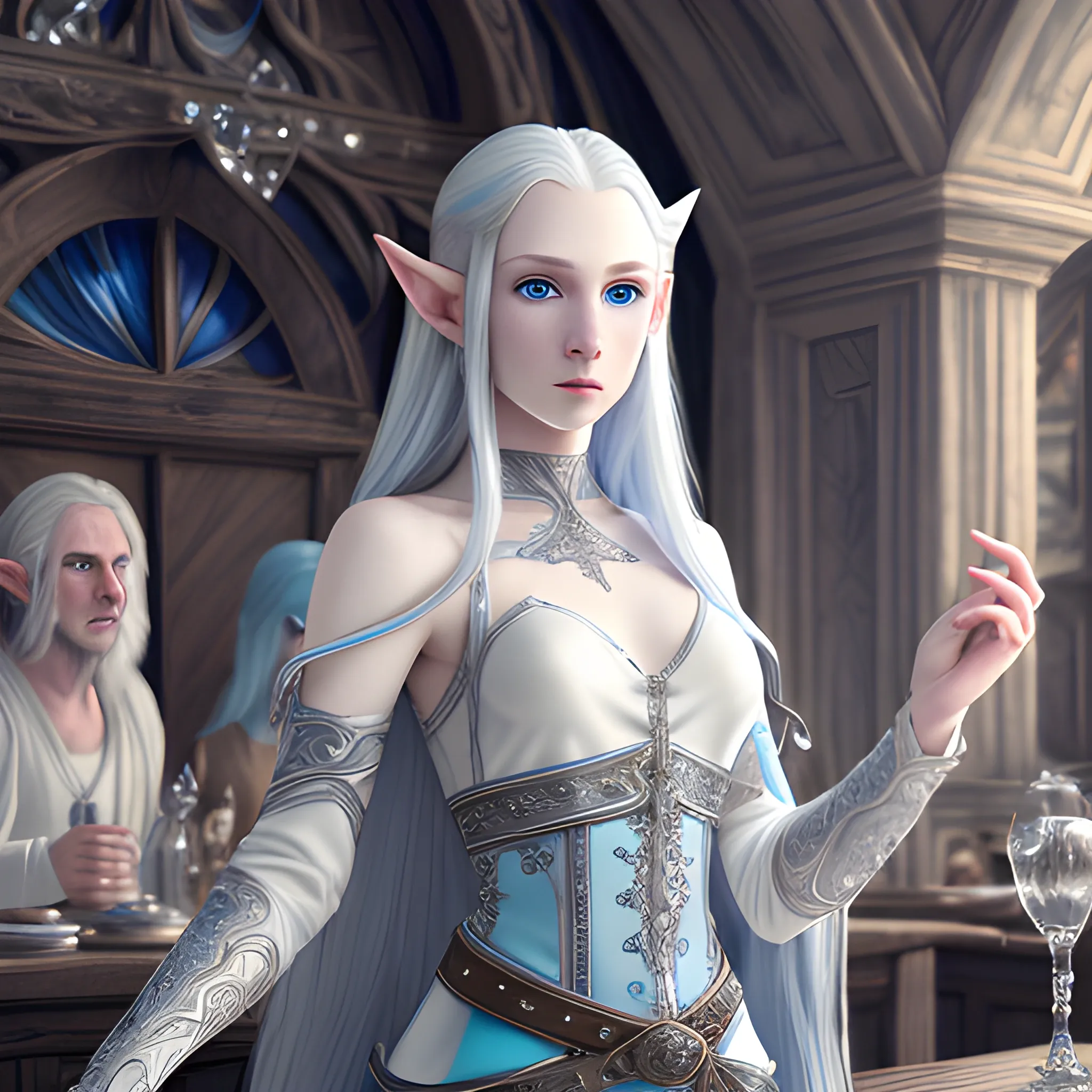 pale skin androgynous elf, blue colored eyes, dynamic white long flowing hair, wearing white and silver clothing, lute, hyper detailed tavern background, (high quality), (detailed), (masterpiece), (best quality), (highres), (extremely detailed), (8k), HD, 8k, photography