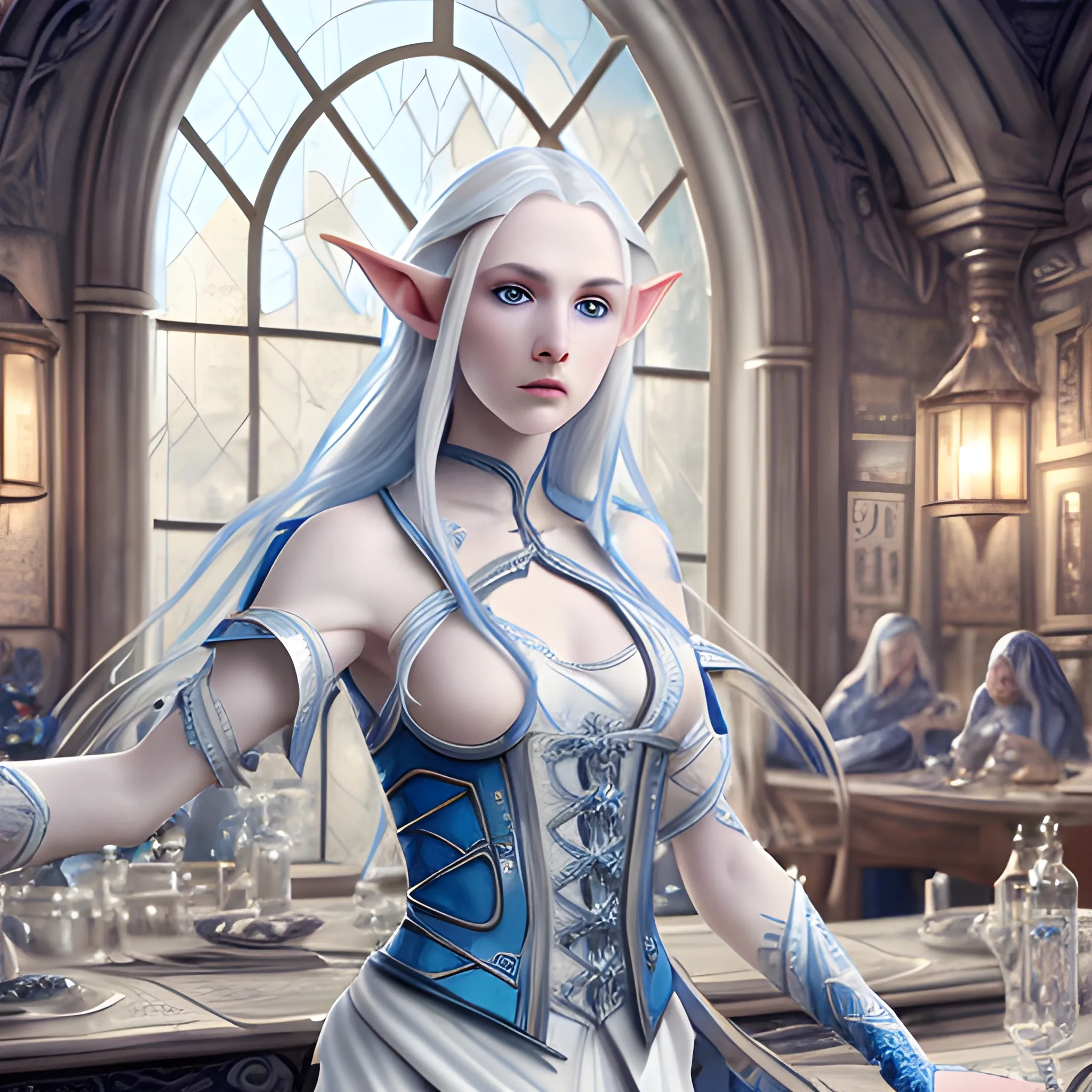 pale skin androgynous elf, blue colored eyes, dynamic white long flowing hair, wearing white and silver clothing, lute, hyper detailed tavern background, (high quality), (detailed), (masterpiece), (best quality), (highres), (extremely detailed), (8k), HD, 8k, photography