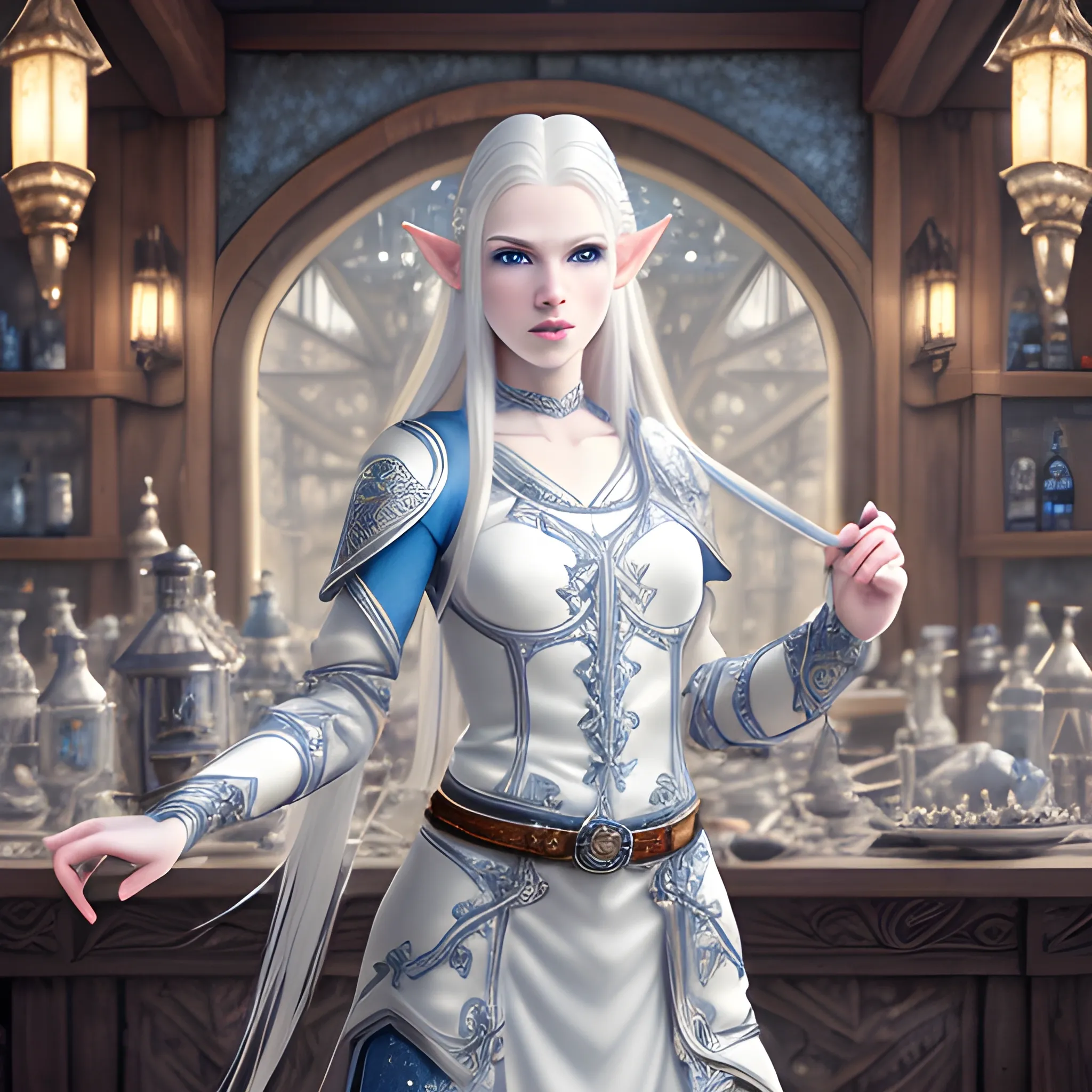 pale skin androgynous elf, blue colored eyes, dynamic white long flowing hair, wearing white and silver clothing, lute, hyper detailed tavern background, (high quality), (detailed), (masterpiece), (best quality), (highres), (extremely detailed), (8k), HD, 8k, photography