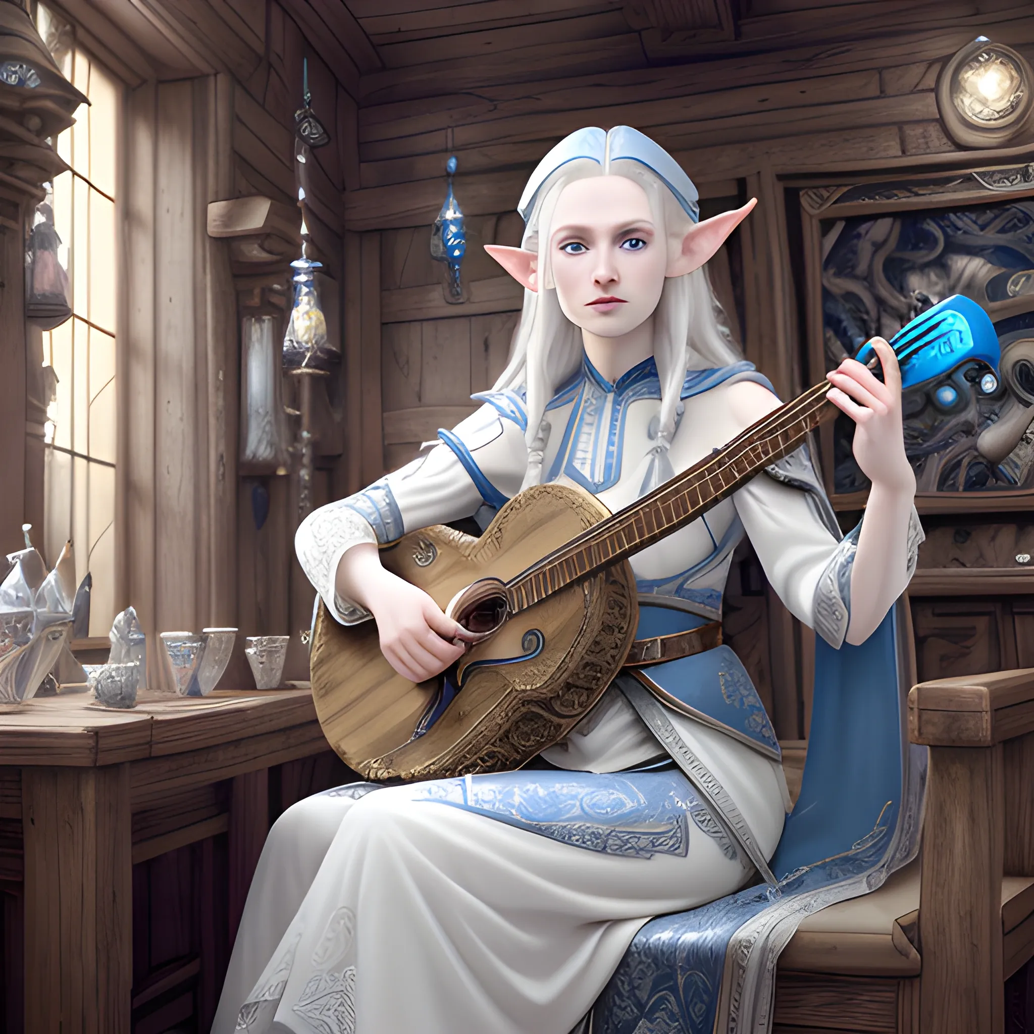 pale skin androgynous elf, blue colored eyes, dynamic white long flowing hair, wearing white and silver clothing, a bard that plays the lute, hyper detailed tavern background, (high quality), (detailed), (masterpiece), (best quality), (highres), (extremely detailed), (8k), HD, 8k, photography