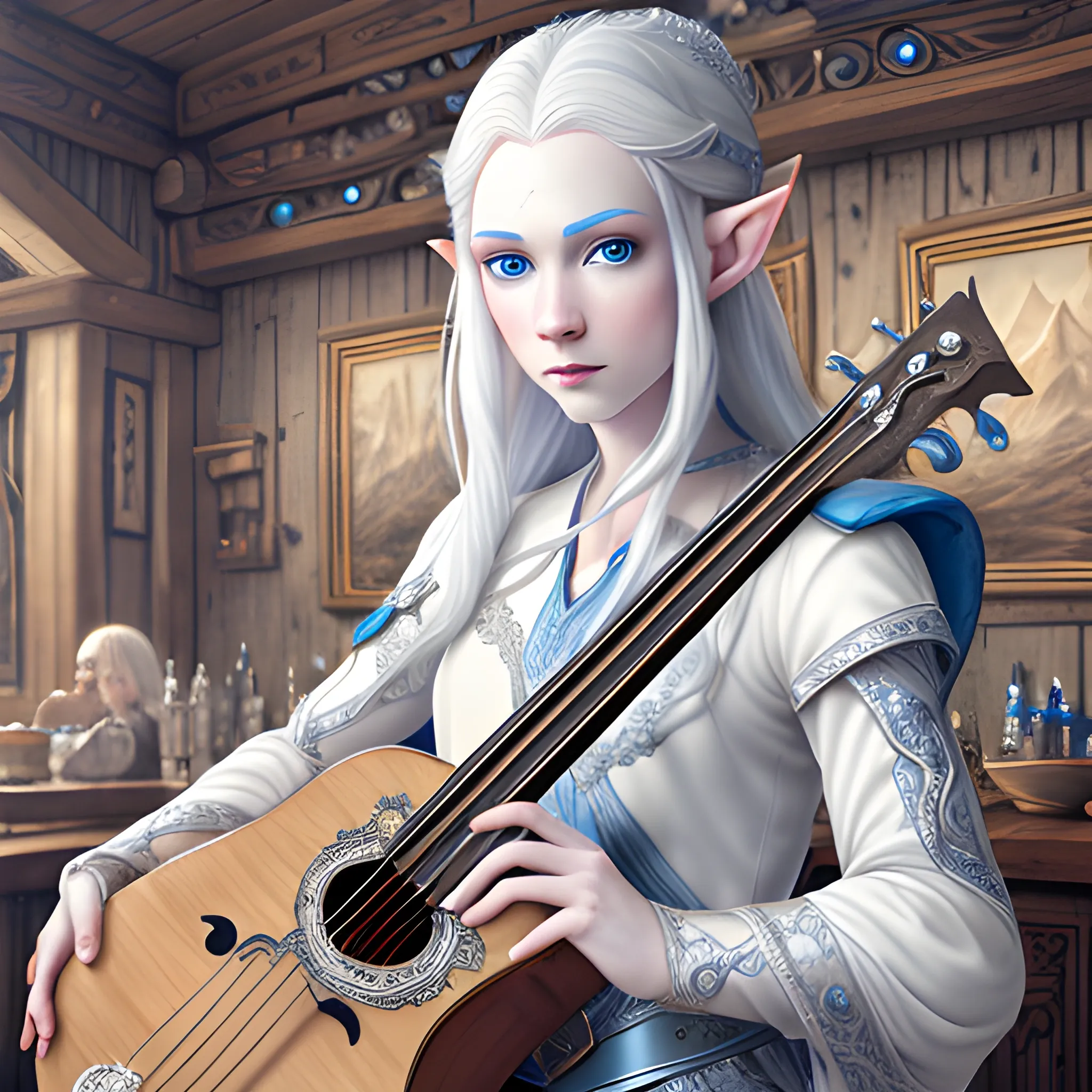 pale skin androgynous elf, blue colored eyes, dynamic white long flowing hair, wearing white and silver clothing, a bard that plays the lute, hyper detailed tavern background, (high quality), (detailed), (masterpiece), (best quality), (highres), (extremely detailed), (8k), HD, 8k, photography