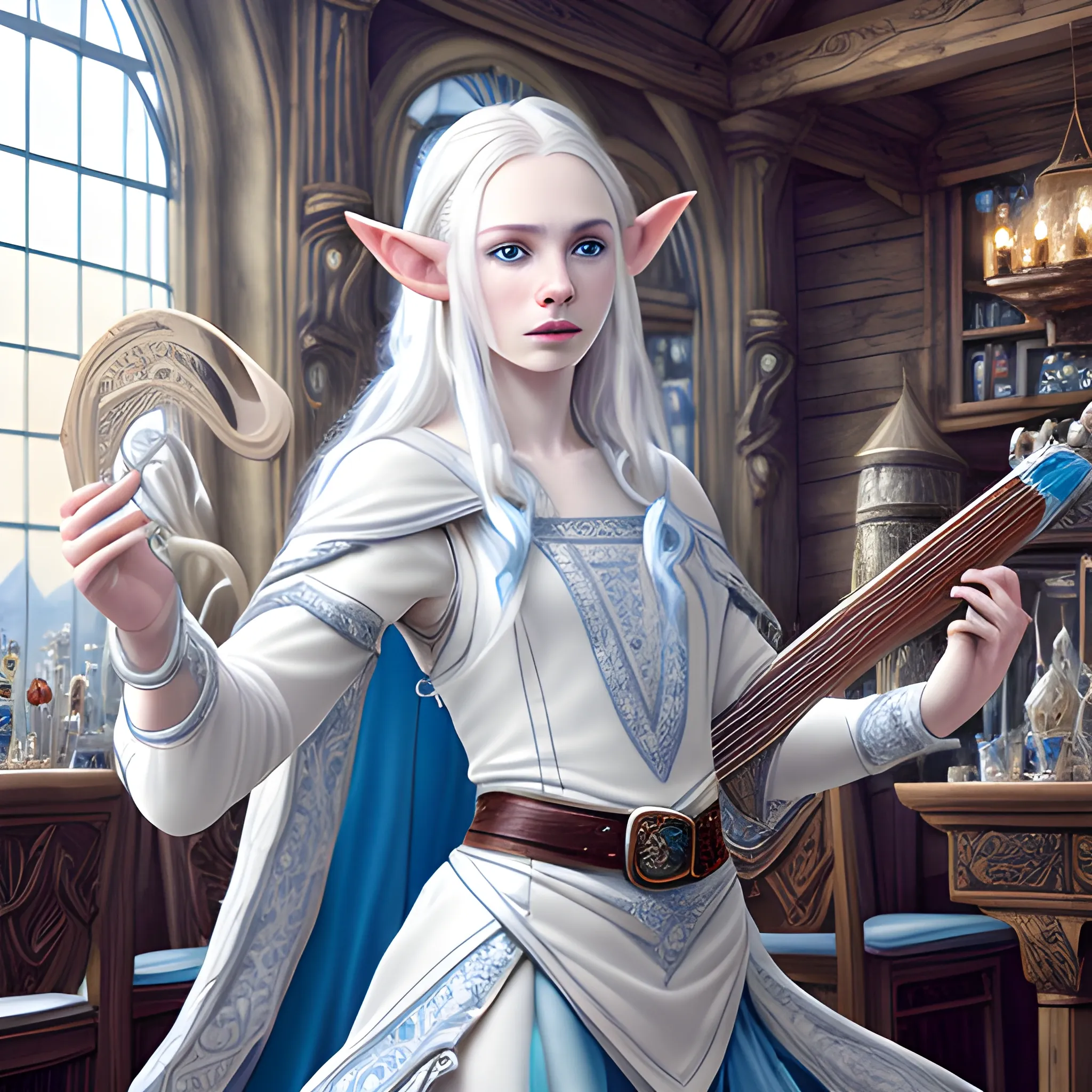 pale skin androgynous elf, blue colored eyes, dynamic white long flowing hair, wearing white and silver clothing, a bard that plays the lute, hyper detailed tavern background, (high quality), (detailed), (masterpiece), (best quality), (highres), (extremely detailed), (8k), HD, 8k, photography