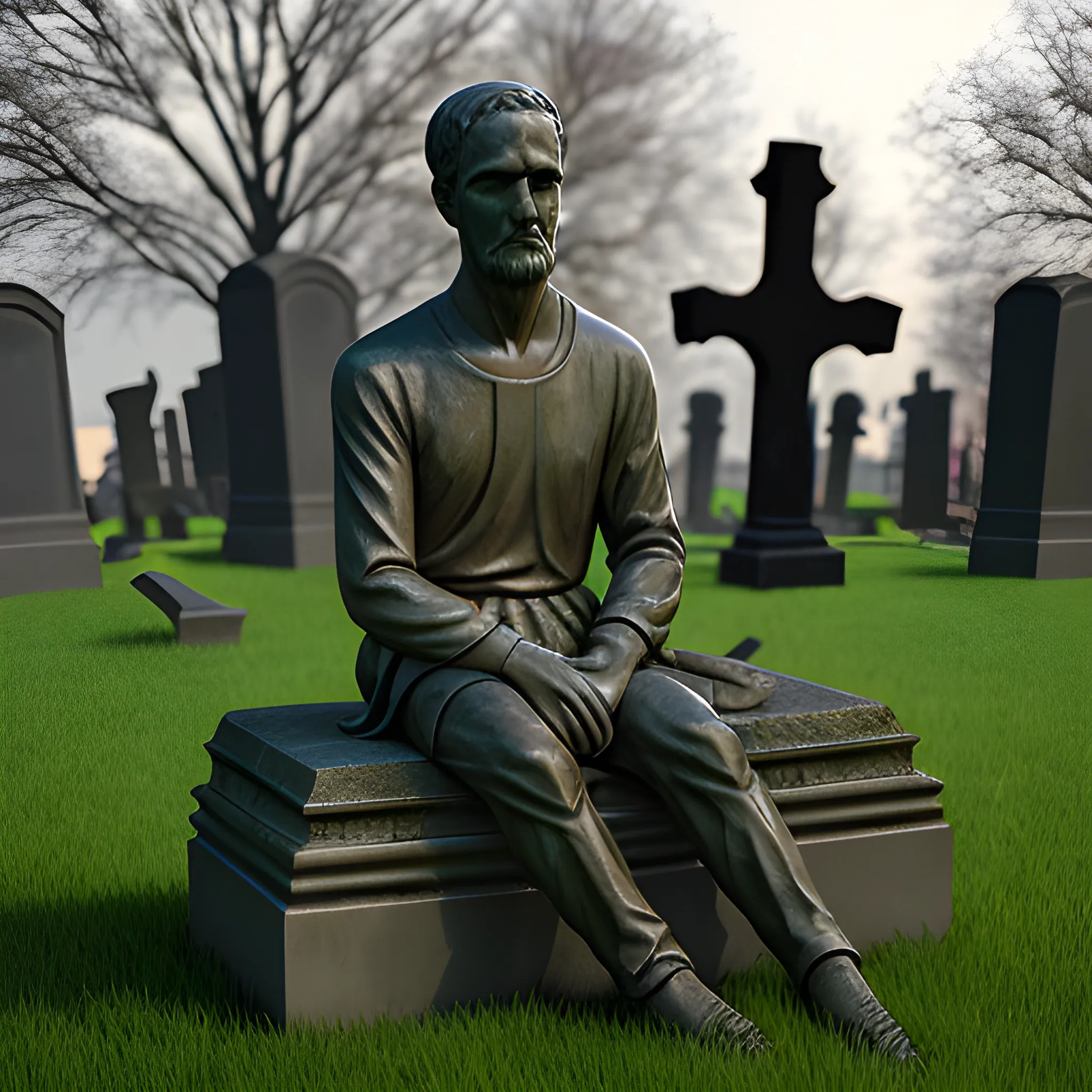 
sitting man statue fighting in a graveyard, 3D, cemetery, grass, graces, 3D