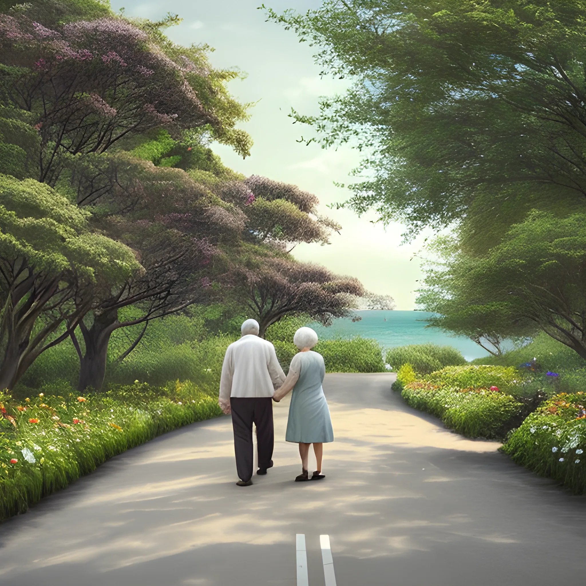 A path surrounded by trees leading to the sea. A couple holding hands on the road. He is 50 years old and they have been together for 47 years. The couple does not use a cane. The woman has short hair and is dressed in modern city clothes. I would like it to be a realistic image with high quality details. photographic style with intricate details, such as flowers, birds