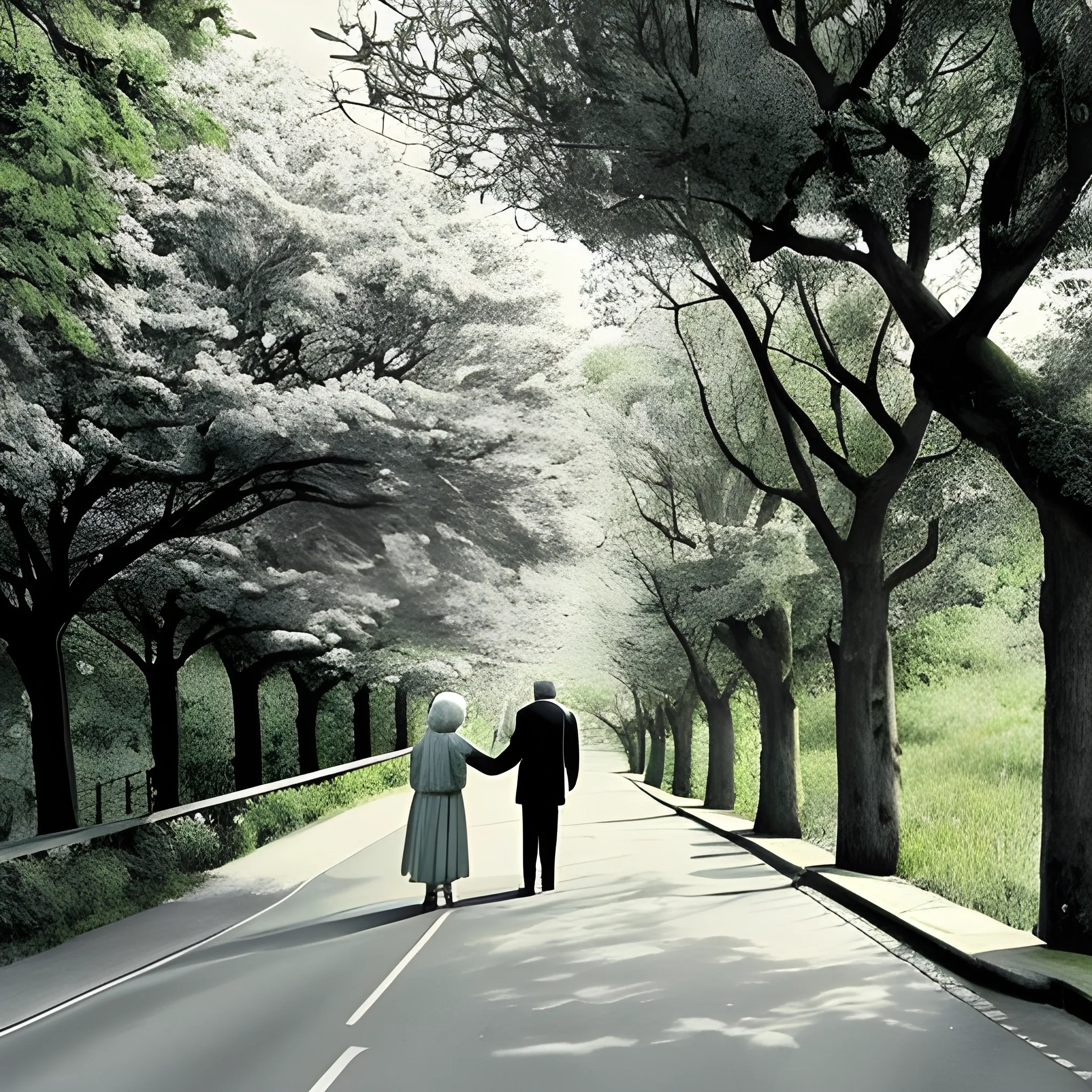 A path surrounded by trees leading to the sea. A couple holding hands on the road. He is 50 years old and they have been together for 47 years. The couple does not use a cane. The woman has short hair and is dressed in modern city clothes. I would like it to be a realistic image with high quality details. photographic style with intricate details, such as flowers, birds