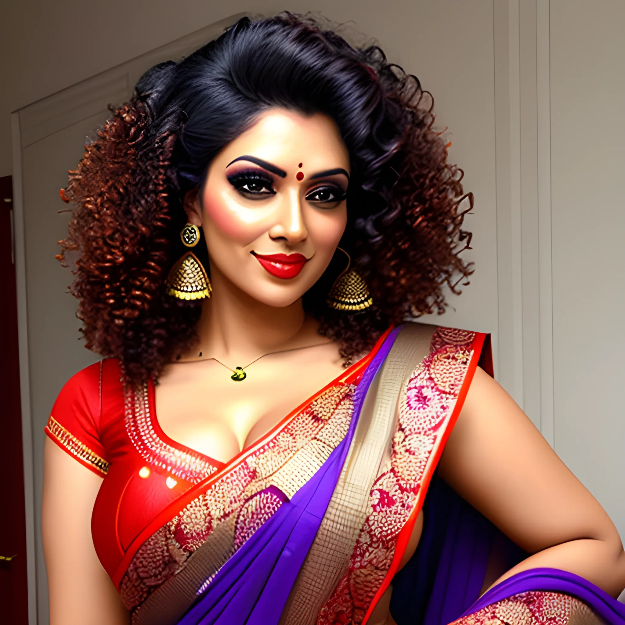 young teen girl look like indian wearing saree , curvey structure, curly hair