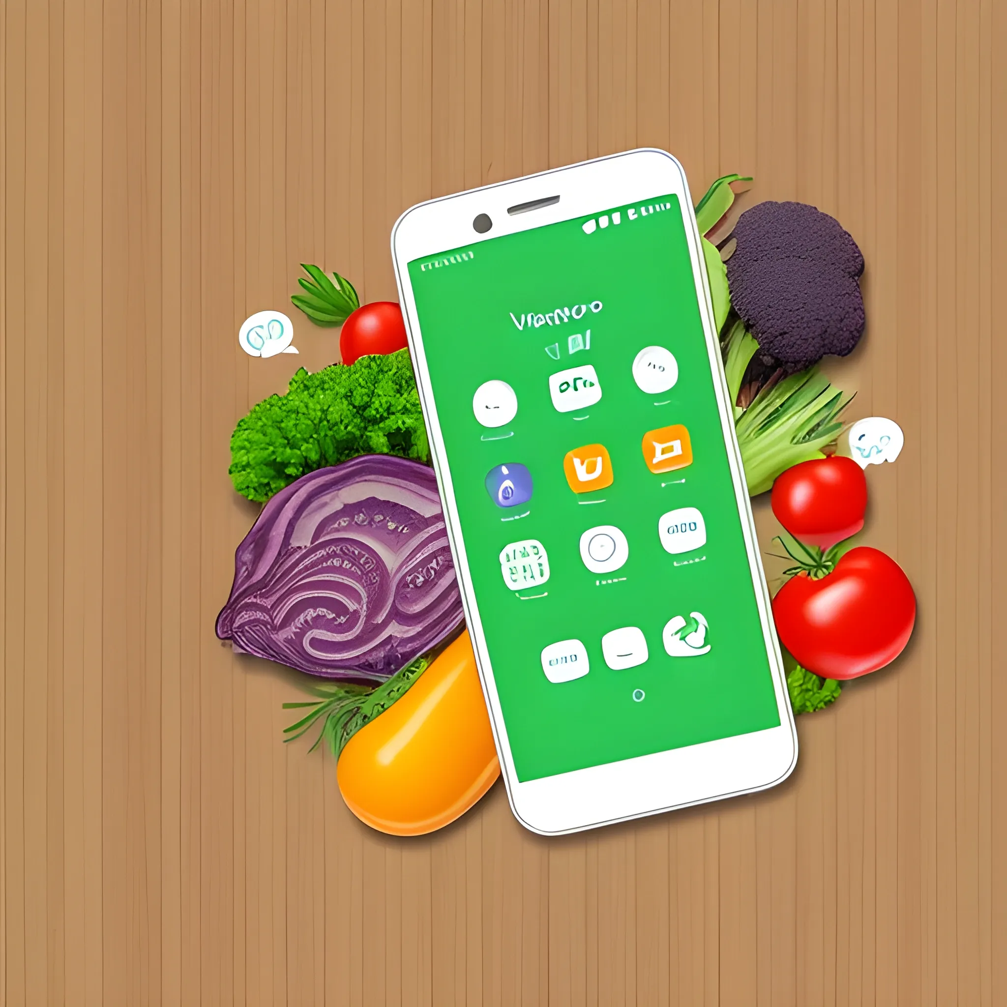 app de telefono con vegetales dentro de la pantalla interactuable, "Bienvenido a navegapp" en el titulo