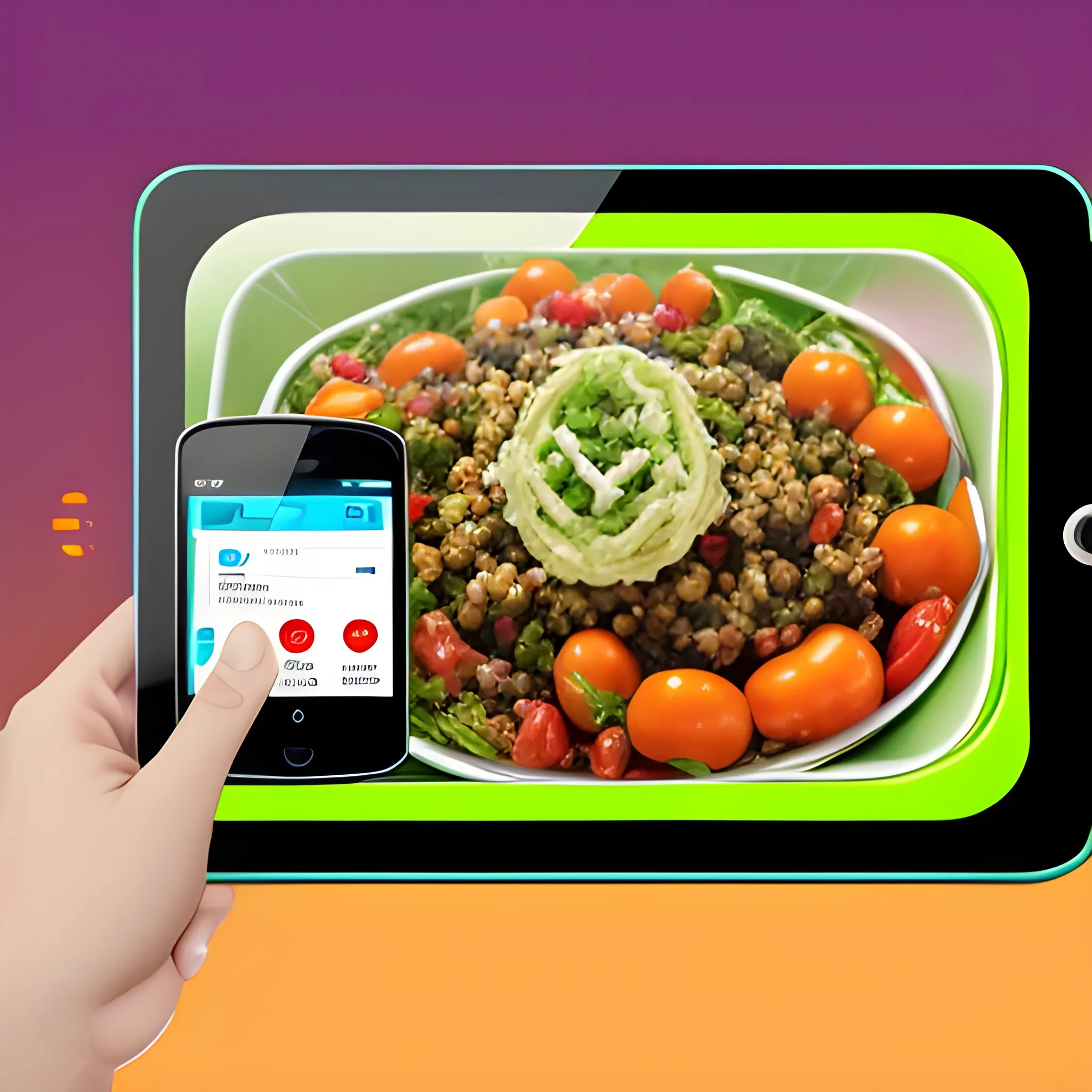 app de telefono con vegetales dentro de la pantalla interactuable, "Bienvenido a navegapp" en el titulo