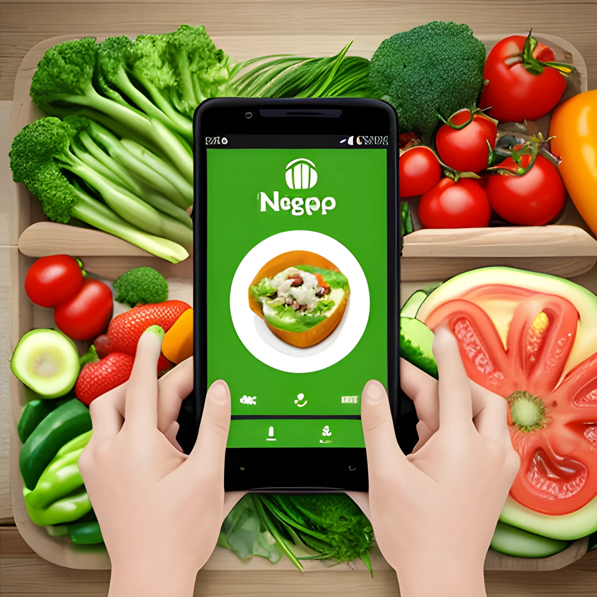 app de telefono con vegetales dentro de la pantalla interactuable, "Bienvenido a navegapp" en el titulo