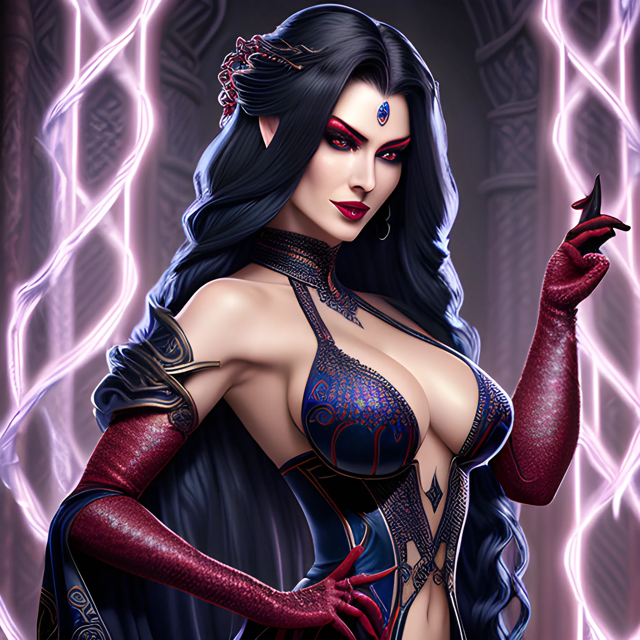 pale snake skin woman, Red colored eyes, [[full lips that often curve into a cold, calculating smile]], dynamic midnight blue long hair [[styled in intricate braids, adorned with small, shimmering gems that catch the light]], large cleavage, wearing form fitting robes of deep crimson and ebony, adorned with intricate patterns and arcane sigils that hint at her mastery of dark magic, hyper detailed tavern background, (high quality), (detailed), (masterpiece), (best quality), (highres), (extremely detailed), (8k), HD, 8k, photography