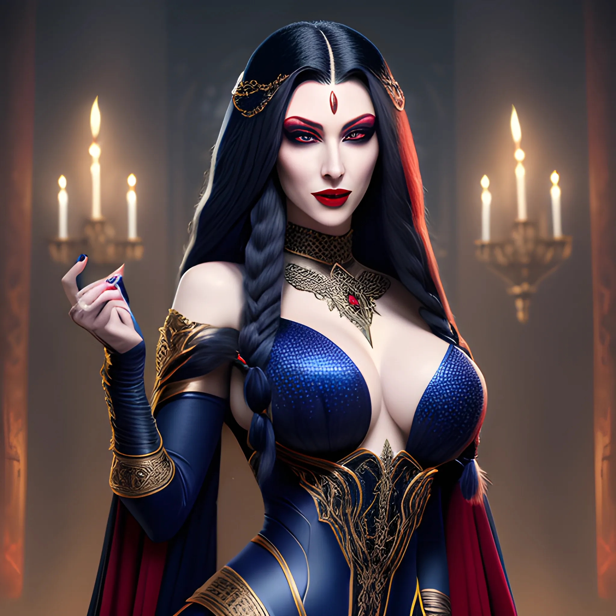 pale snake skin woman, Red colored eyes, [[full lips that often curve into a cold, calculating smile]], dynamic midnight blue long hair [[styled in intricate braids, adorned with small, shimmering gems that catch the light]], large cleavage, wearing form fitting robes of deep crimson and ebony, adorned with intricate patterns and arcane sigils that hint at her mastery of dark magic, hyper detailed tavern background, (high quality), (detailed), (masterpiece), (best quality), (highres), (extremely detailed), (8k), HD, 8k, photography