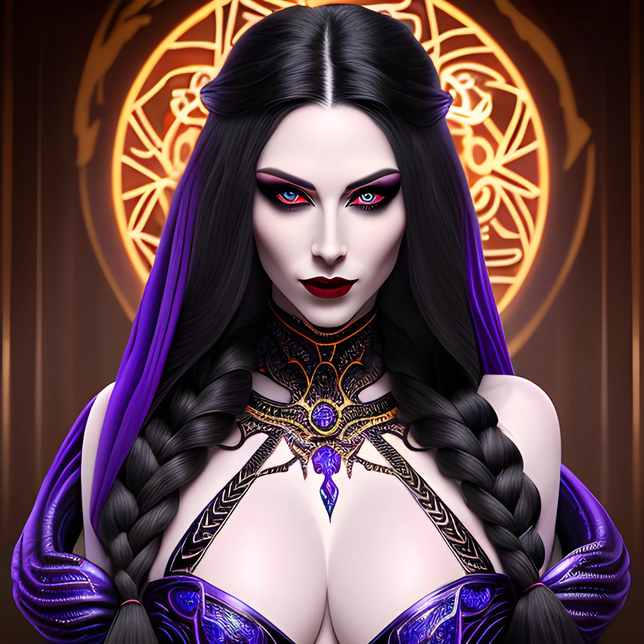 pale snake skin woman, Violet Red colored eyes, [[full lips that often curve into a cold, calculating smile]], dynamic midnight blue long hair [[styled in intricate braids, adorned with small, shimmering gems that catch the light]], large cleavage, wearing form fitting robes of deep crimson and ebony, adorned with intricate patterns and arcane sigils that hint at her mastery of dark magic, hyper detailed tavern background, (high quality), (detailed), (masterpiece), (best quality), (highres), (extremely detailed), (8k), HD, 8k, photography