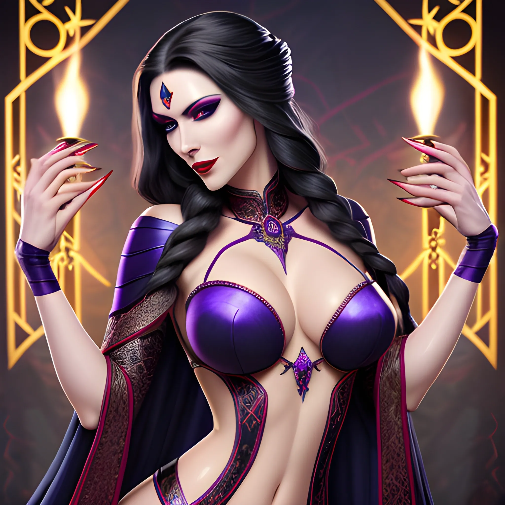 pale snake skin woman, Violet Red colored eyes, [[full lips that often curve into a cold, calculating smile]], dynamic midnight blue long hair [[styled in intricate braids, adorned with small, shimmering gems that catch the light]], large cleavage, wearing form fitting robes of deep crimson and ebony, adorned with intricate patterns and arcane sigils that hint at her mastery of dark magic, hyper detailed tavern background, (high quality), (detailed), (masterpiece), (best quality), (highres), (extremely detailed), (8k), HD, 8k, photography