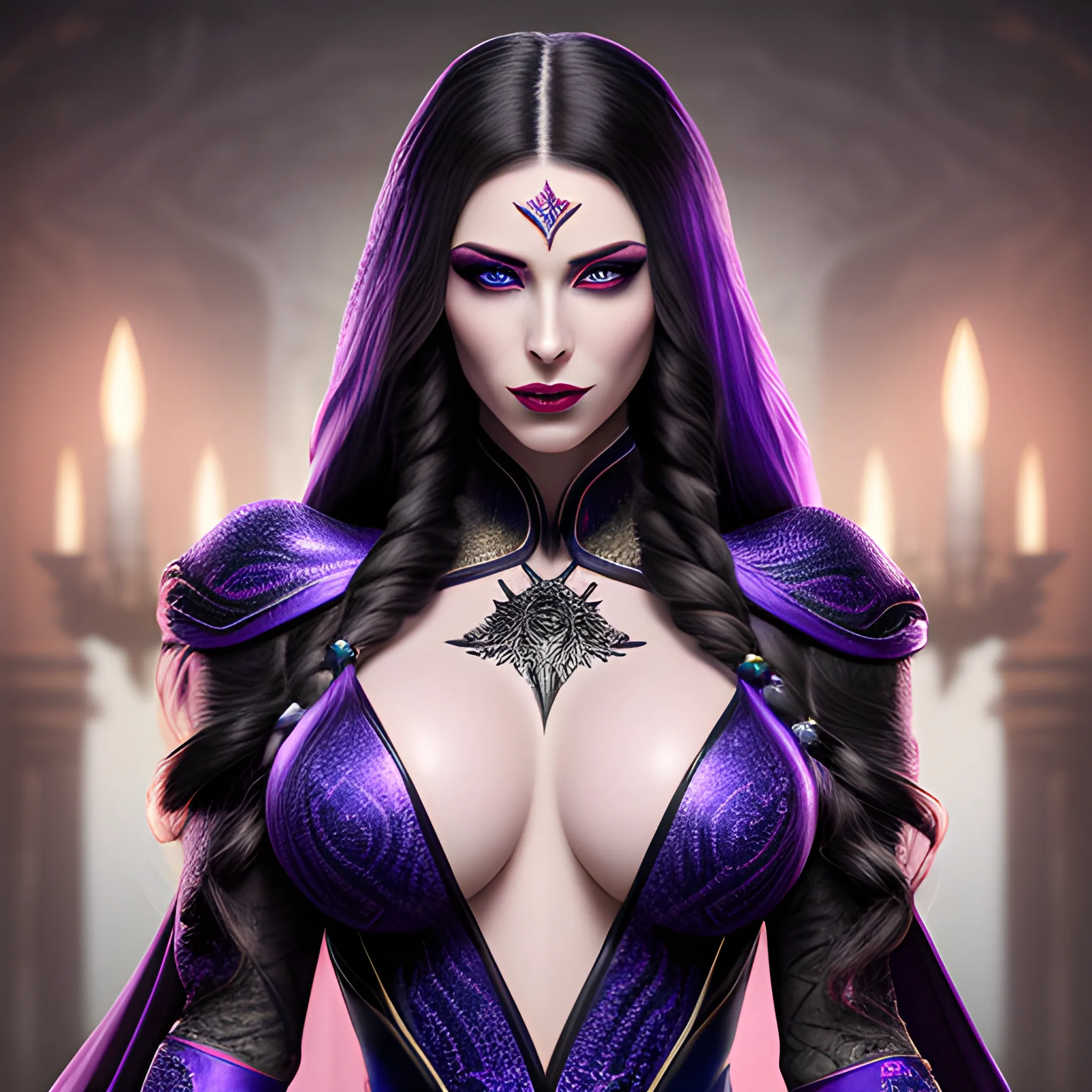 pale snake skin woman, Violet Red colored eyes, [[full lips that often curve into a cold, calculating smile]], dynamic midnight blue long hair [[styled in intricate braids, adorned with small, shimmering gems that catch the light]], large cleavage, wearing form fitting robes of deep crimson and ebony, adorned with intricate patterns and arcane sigils that hint at her mastery of dark magic, hyper detailed tavern background, (high quality), (detailed), (masterpiece), (best quality), (highres), (extremely detailed), (8k), HD, 8k, photography