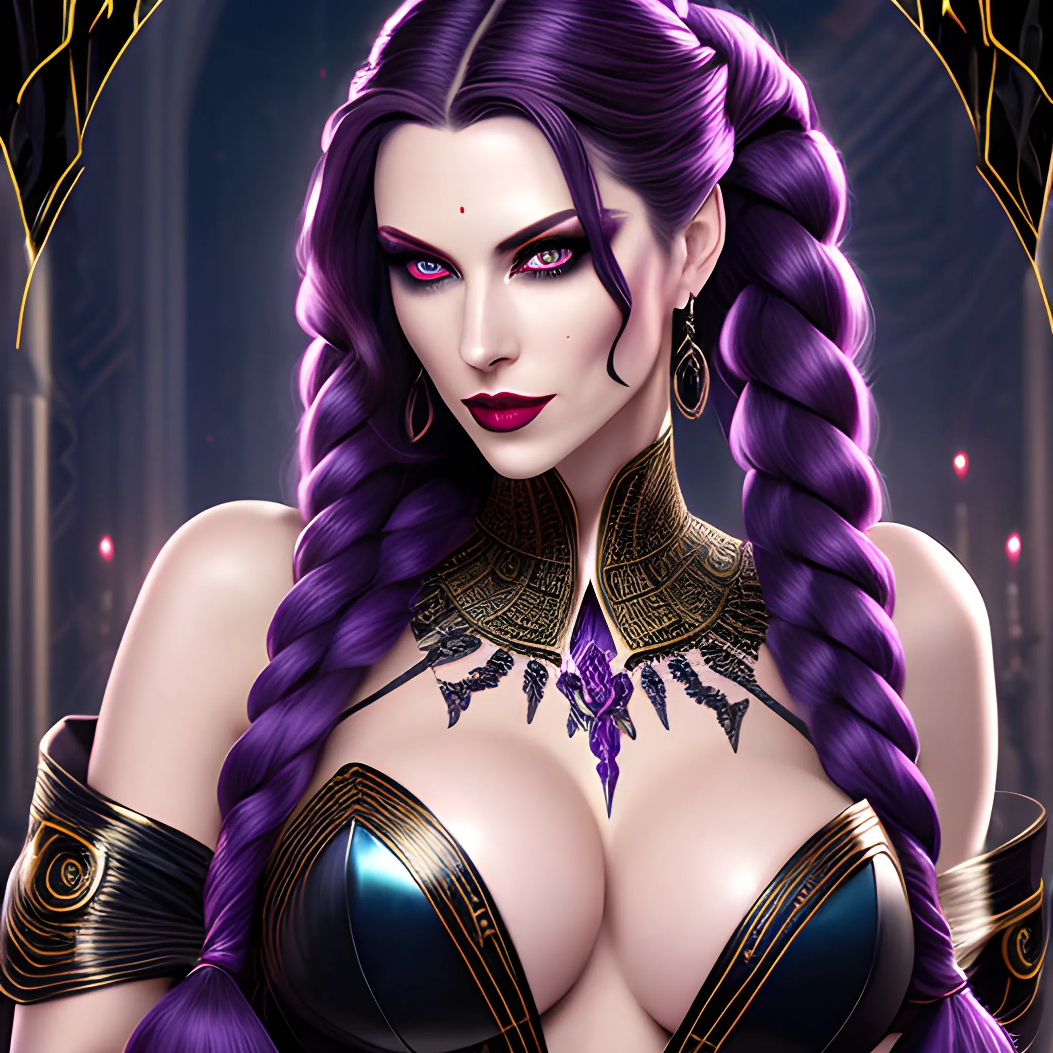 pale snake skin woman, Violet Red colored eyes, [[full lips that often curve into a cold, calculating smile]], dynamic midnight blue long hair [[styled in intricate braids, adorned with small, shimmering gems that catch the light]], large heavy cleavage, wearing form fitting robes of deep crimson and ebony, decorated bodice, adorned with intricate patterns and arcane sigils that hint at her mastery of dark magic, hyper detailed tavern background, (high quality), (detailed), (masterpiece), (best quality), (highres), (extremely detailed), (8k), HD, 8k, photography