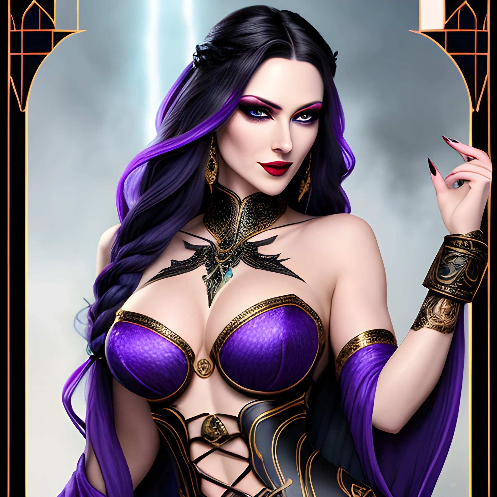 pale snake skin woman, Violet Red colored eyes, [[full lips that often curve into a cold, calculating smile]], dynamic midnight blue long hair [[styled in intricate braids, adorned with small, shimmering gems that catch the light]], large heavy cleavage, wearing form fitting robes of deep crimson and ebony, decorated bodice, adorned with intricate patterns and arcane sigils that hint at her mastery of dark magic, hyper detailed tavern background, (high quality), (detailed), (masterpiece), (best quality), (highres), (extremely detailed), (8k), HD, 8k, photography