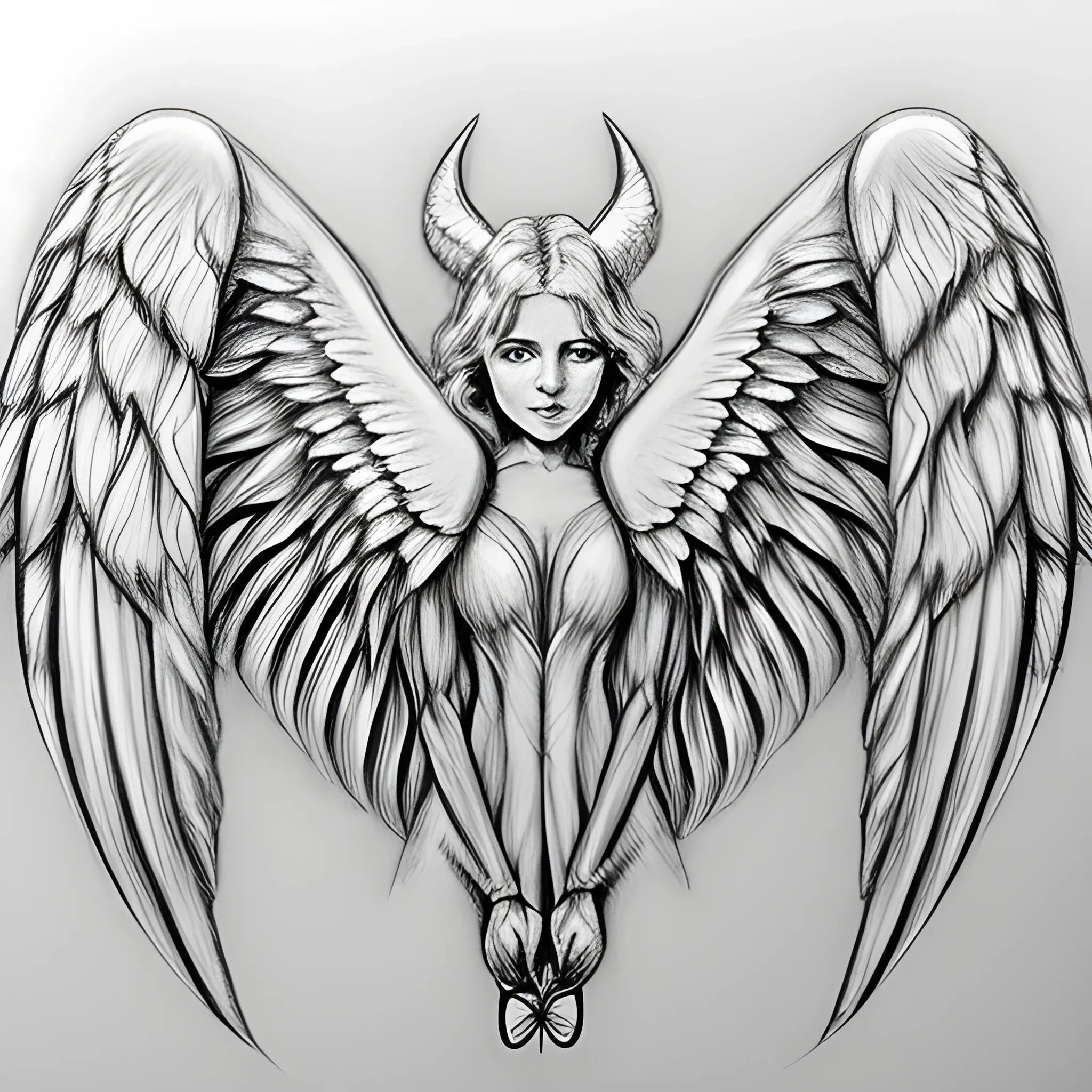 Create an angel wing and devil wing that are intertwined with each other.The angel wing must be the start of the wing and the end of the wing will be the end of a devil wing  , Pencil Sketch