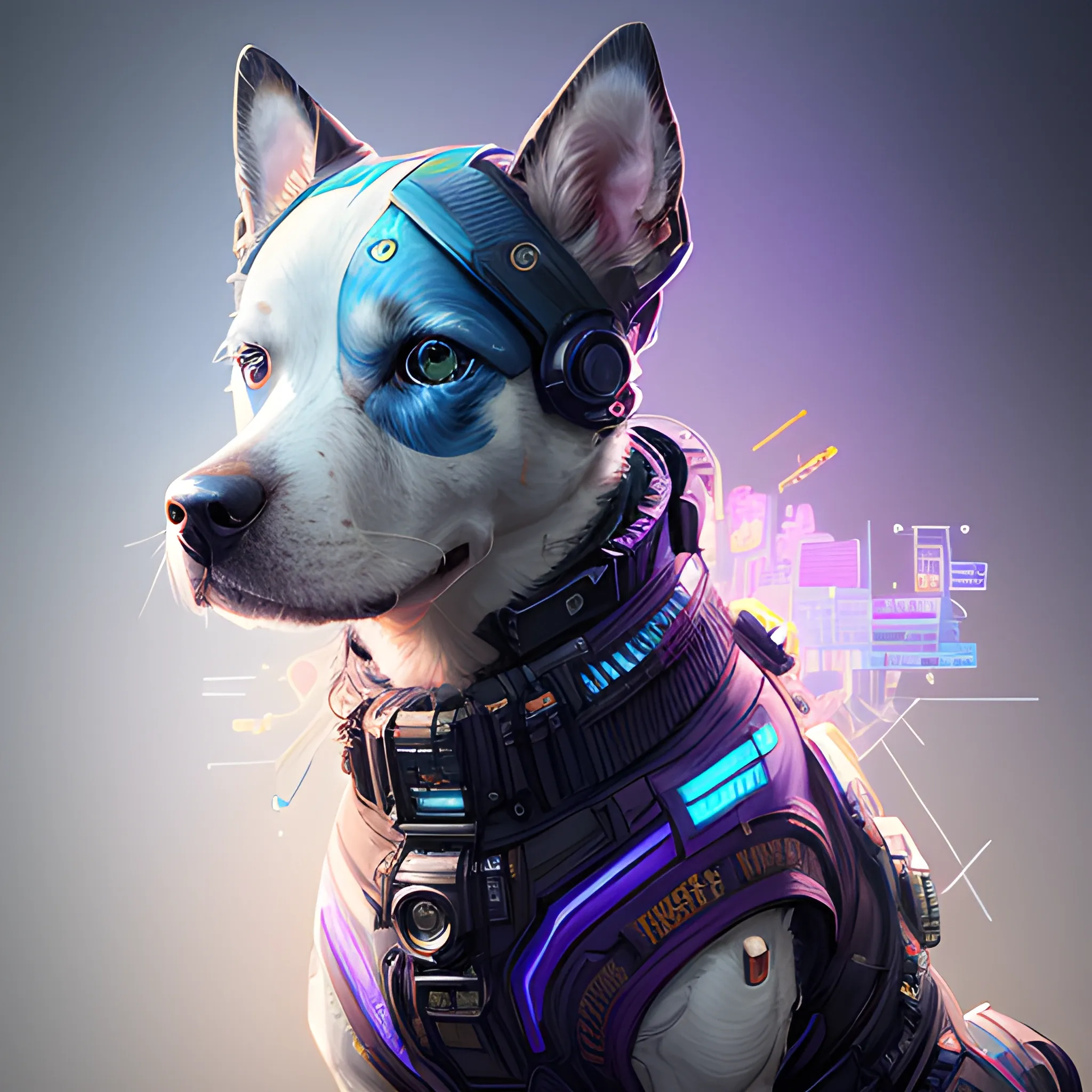 a beautiful portrait of a cute cyberpunk dog by sandra chevrier and greg rutkowski and wlop, purple blue color scheme, high key lighting, volumetric light, digital art, highly detailed, fine detail, intricate, ornate, complex, octane render, unreal engine, photorealistic