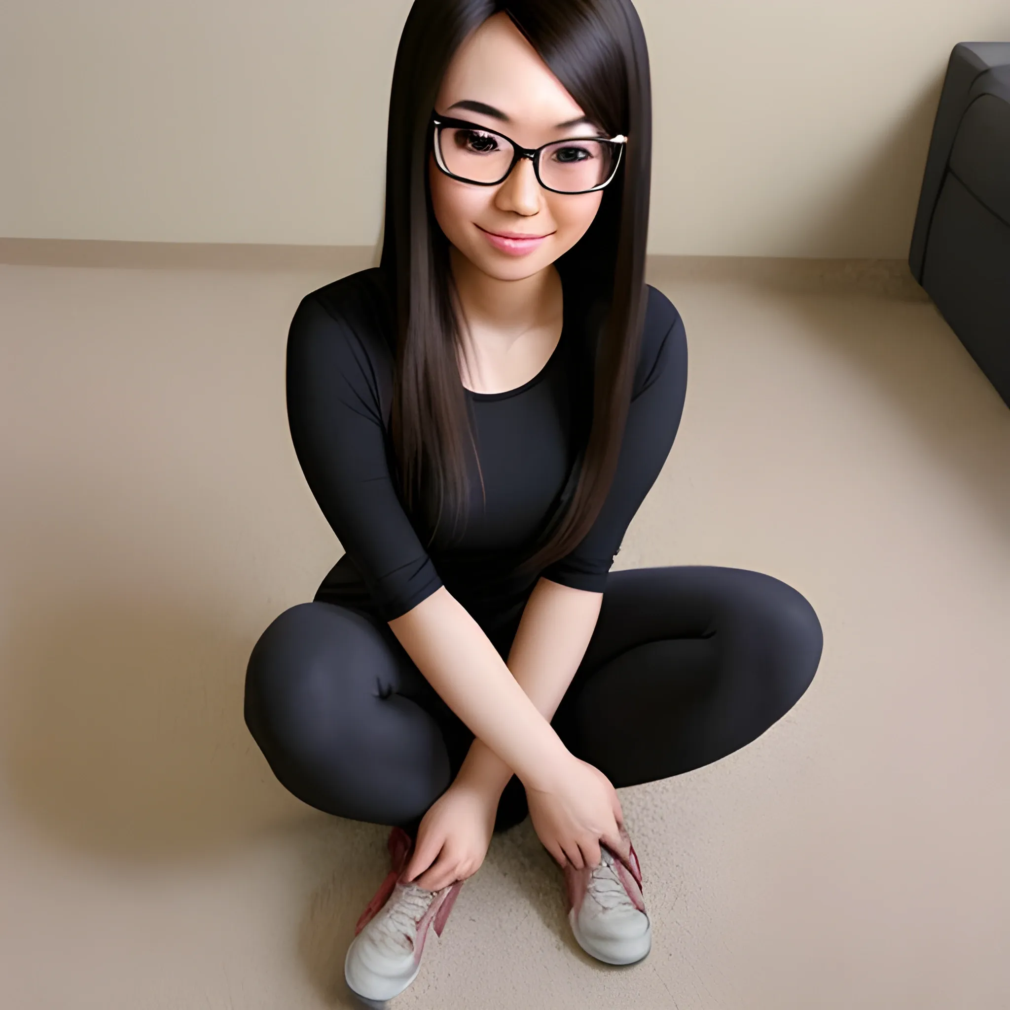 Realistic 25 years old Cute asian brunette with leggings and glasses