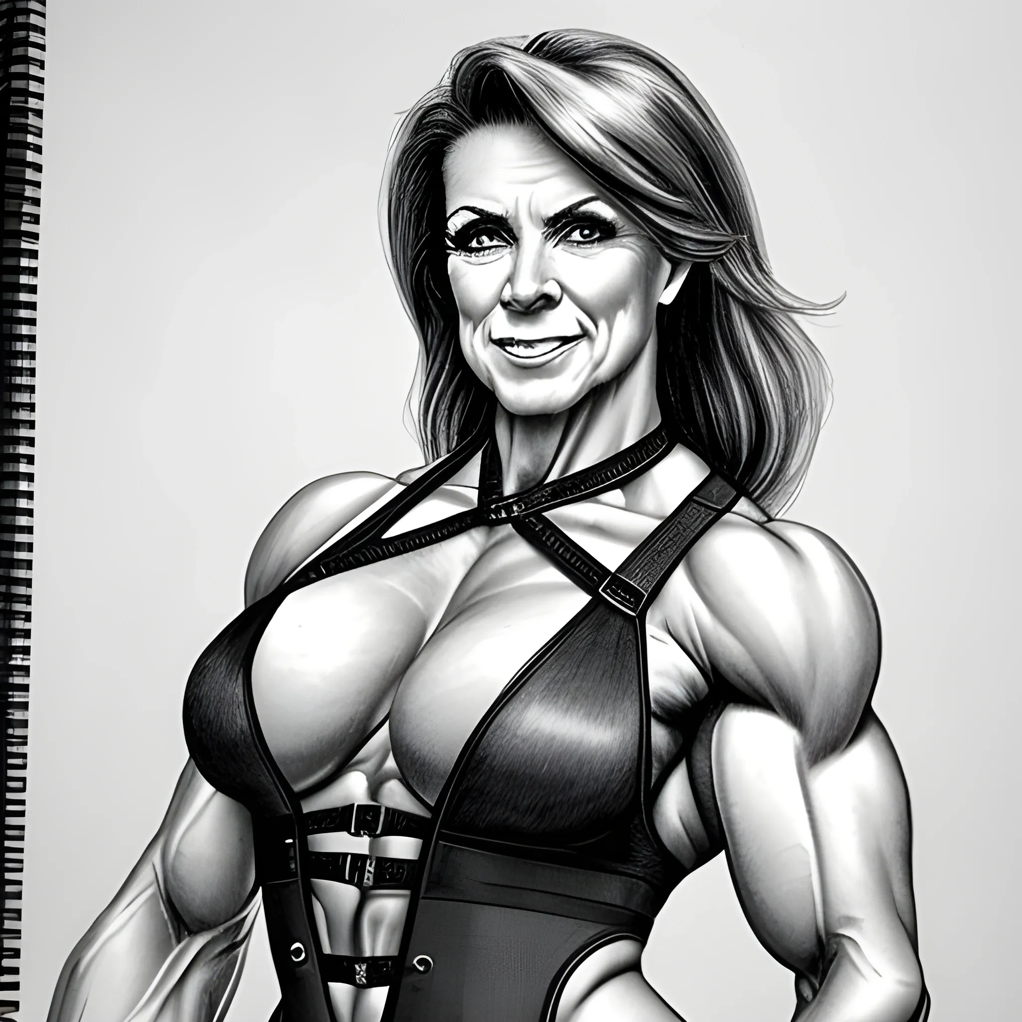 amazingly muscular mature female bodybuilder teacher  in sexy harness , Pencil Sketch