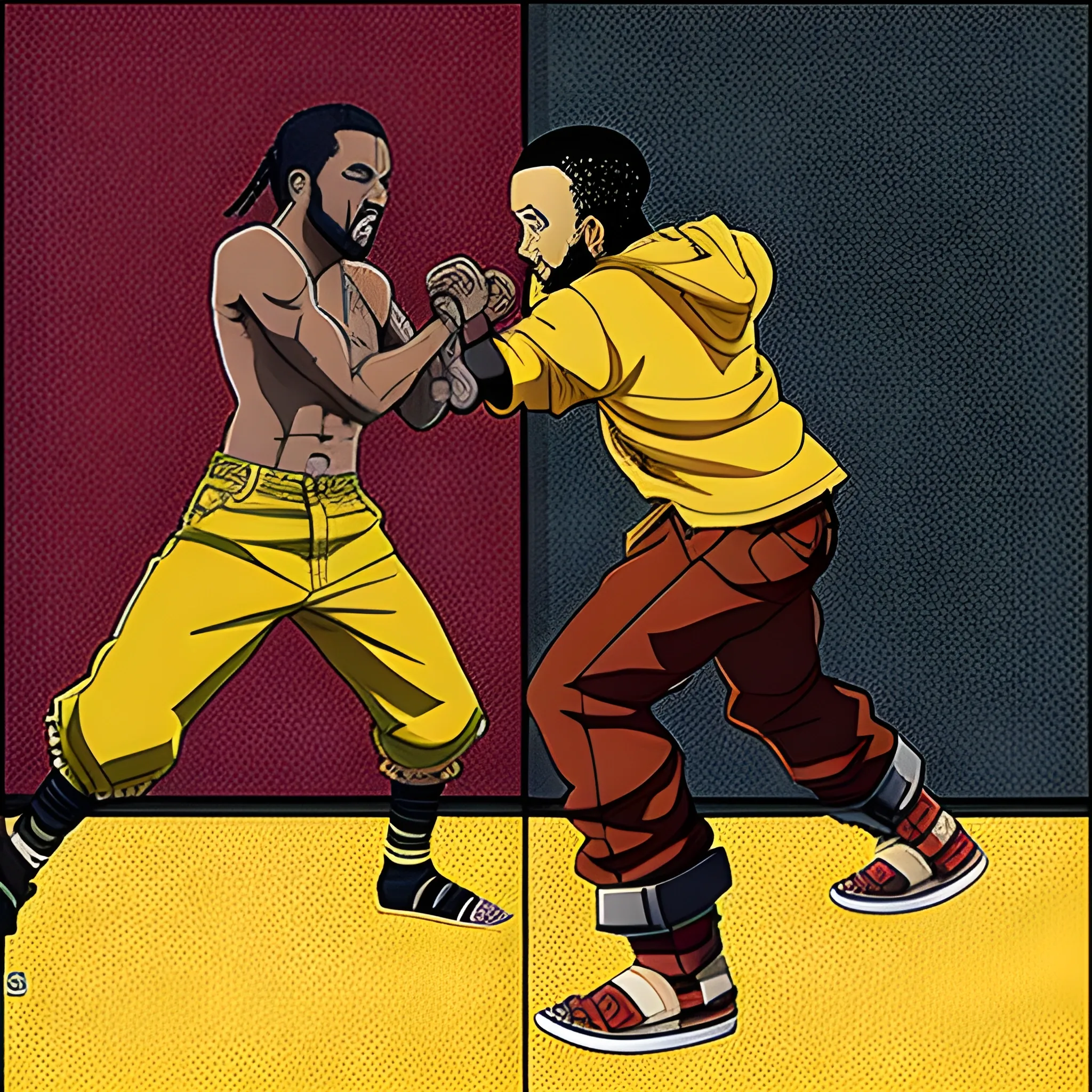 kendrick lamar and drake fighting in an epic naruto-style fight scene, 8bit
